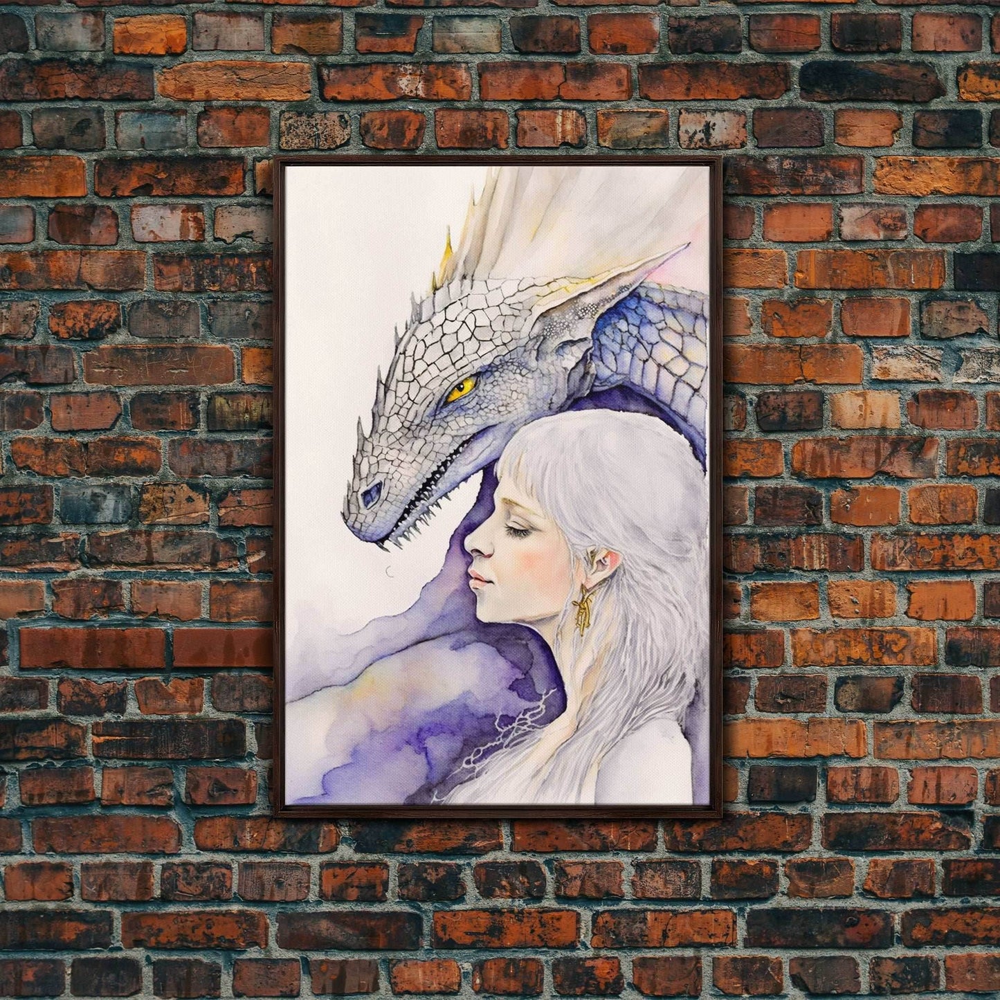 Dragon Painting Canvas Print, Dragon Art, Fantasy Art, Fantasy Painting Wall Art, Girl and Her Dragon, Dragon Girl - 8x12 Inches / Walnut Frame