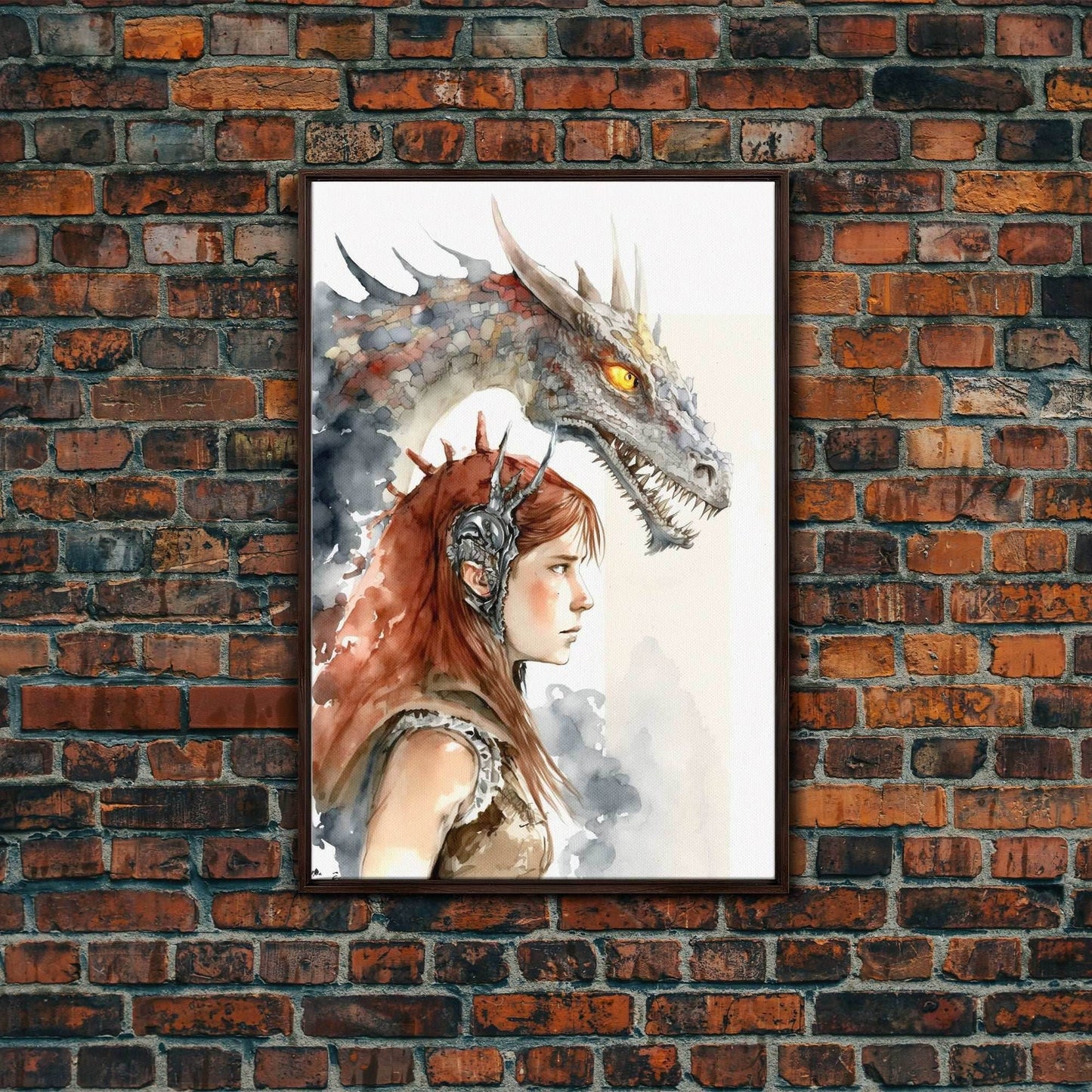 The Dragon Girl, Dragon Painting Canvas Print, Dragon Art, Fantasy Art, Fantasy Painting Wall Art, Girl and Her Dragon, Gamer Gift Wall Deco - 8x12 Inches / Walnut Frame