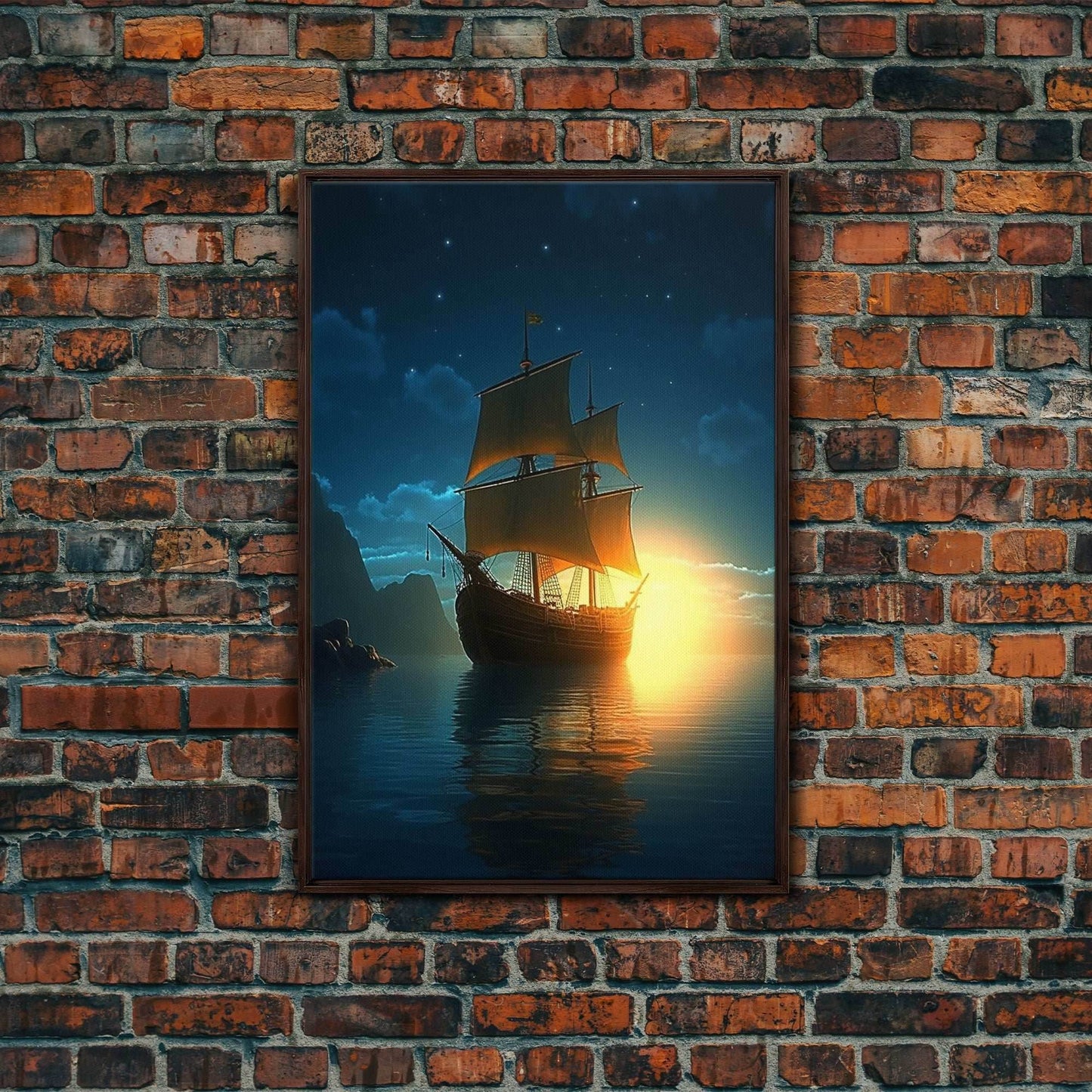 Gothic Pirate Ghost Ship, Framed Canvas Print, Fantasy Wall Art, Wall Decor, Pirate Wal Art, Gift For Him, Kid's Room Art - 8x12 Inches / Walnut Frame