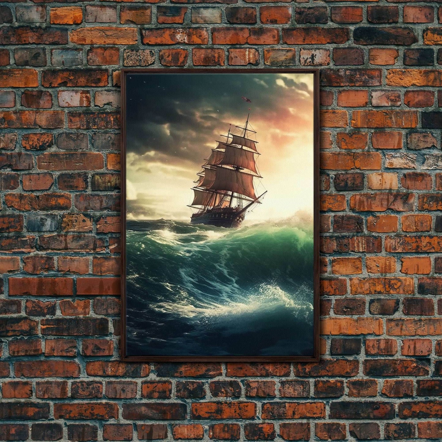 Haunted Pirate Ghost Ship On Rough Seas, Framed Canvas Print, Fantasy Wall Art, Wall Decor, Pirate Wal Art, Gift For Him, Kid's Room - 8x12 Inches / Walnut Frame
