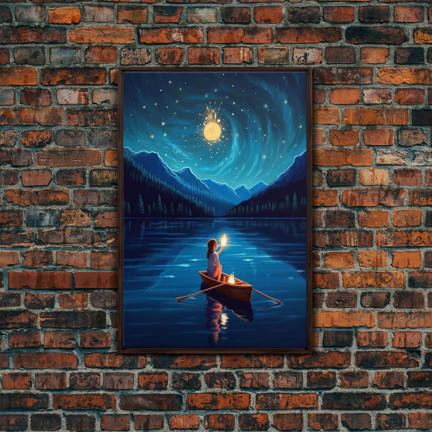 Starry Night, Girl Wizard Lights Up The Night Sky, Fantasy Art, Framed Canvas Print, Fantasy Painting Print, Original Art - 8x12 Inches / Walnut Frame