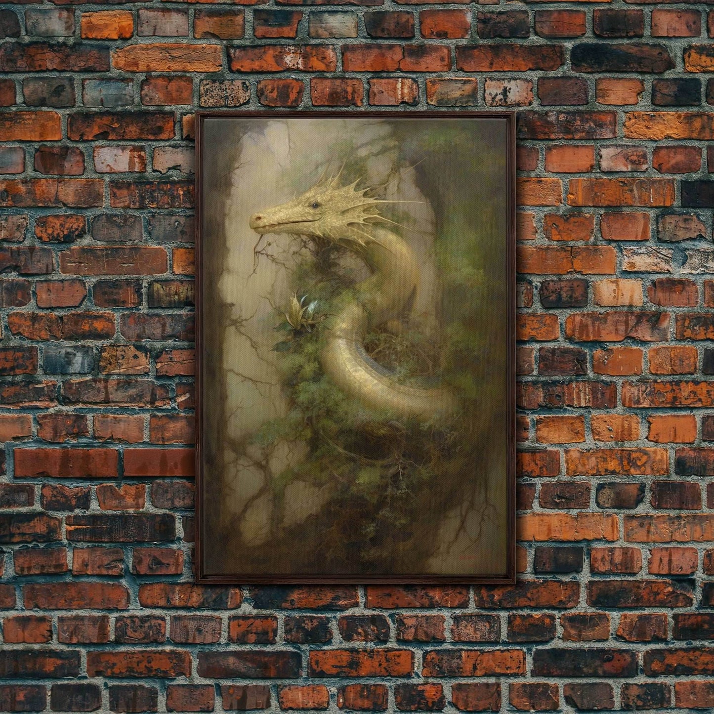 Majestic Green Dragon Wall Art, Framed Canvas Print, Dragon Fantasy Painting, Garden Dragon Abstract Fantasy Art - 8x12 Inches / Walnut Frame