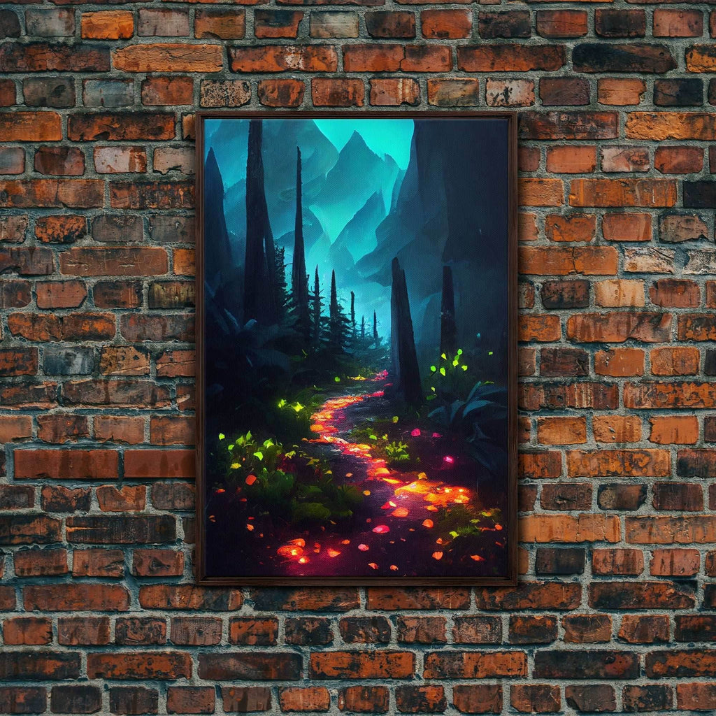 Luminescent magical forest poster art, fine art print, glowing trail though the trees, fantasy art, gloomy wall art, dark decor - 8x12 Inches / Walnut Frame