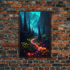 Luminescent magical forest poster art, fine art print, glowing trail though the trees, fantasy art, gloomy wall art, dark decor - 8x12 Inches / Walnut Frame
