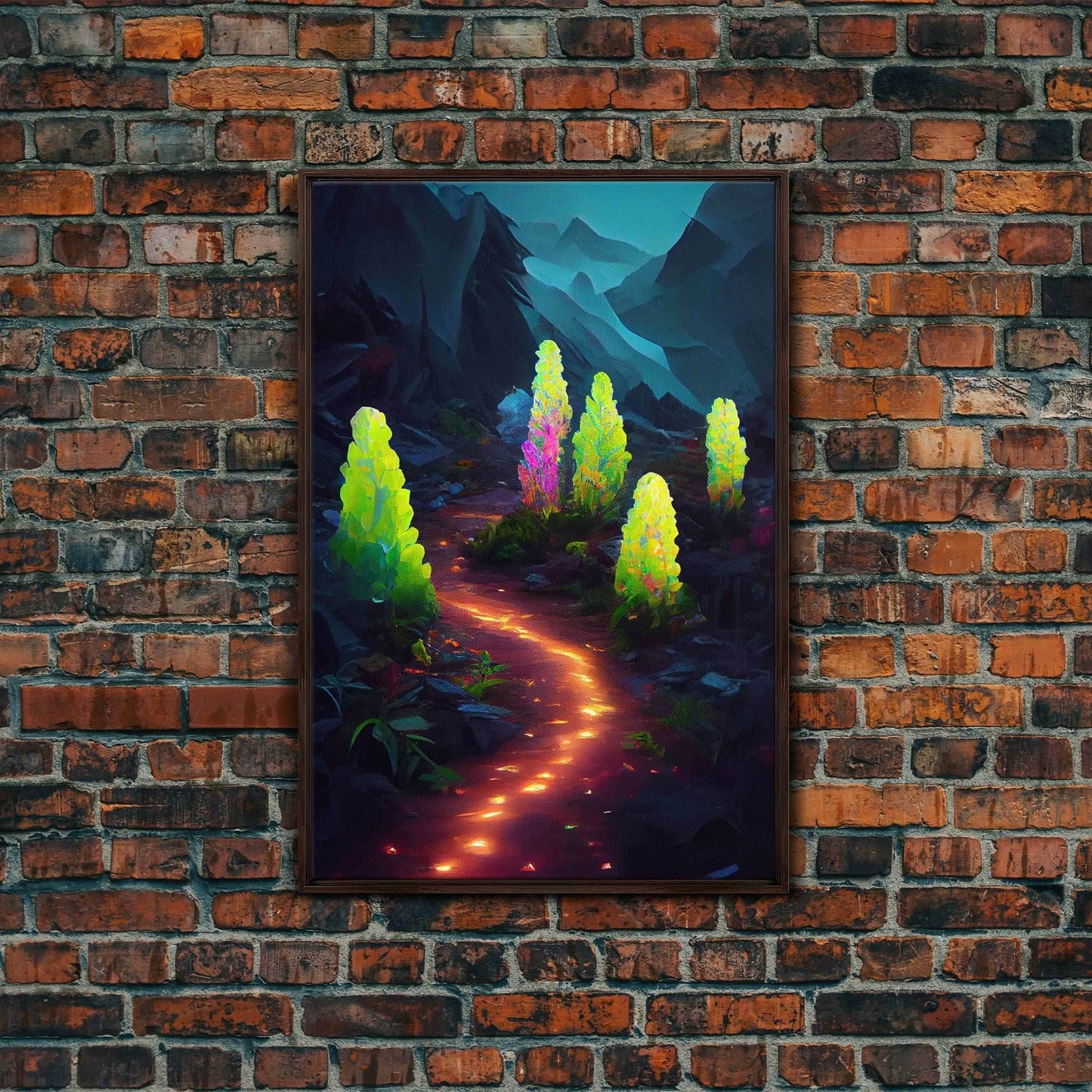 Magical forest canvas print, glowing mushroom art, fantasy forest wall art, gloomy dark home decor, luminescent forest trail wall art - 8x12 Inches / Walnut Frame