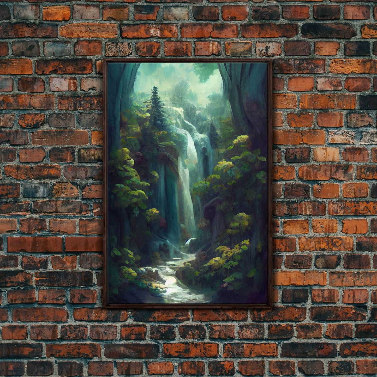 Waterfall canvas print, fantasy wall art, watercolor print, high fantasy, nature landscape living room wall art - 8x12 Inches / Walnut Frame