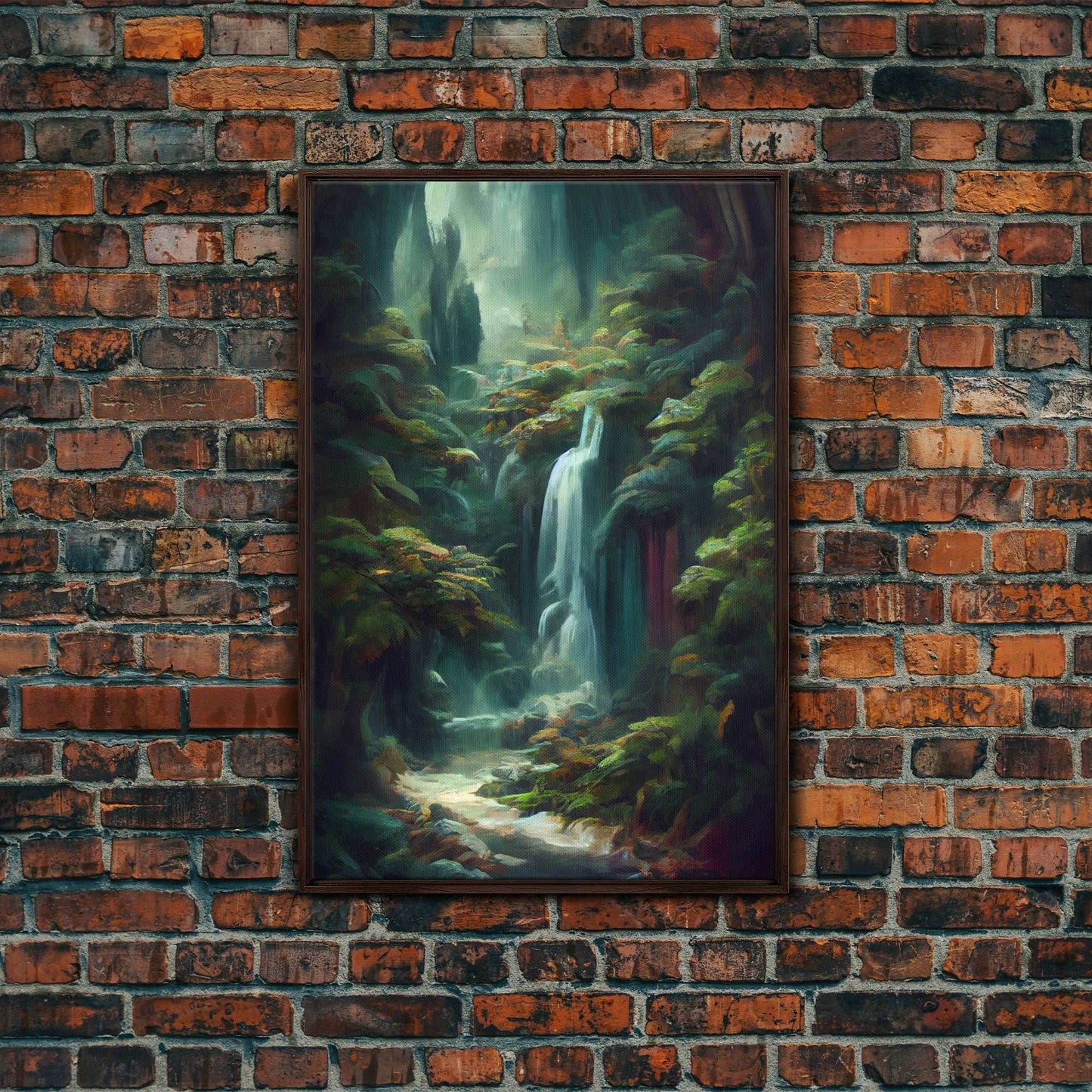 Waterfall in the forest canvas print, fantasy wall art, watercolor print, high fantasy, nature landscape living room wall art - 8x12 Inches / Walnut Frame
