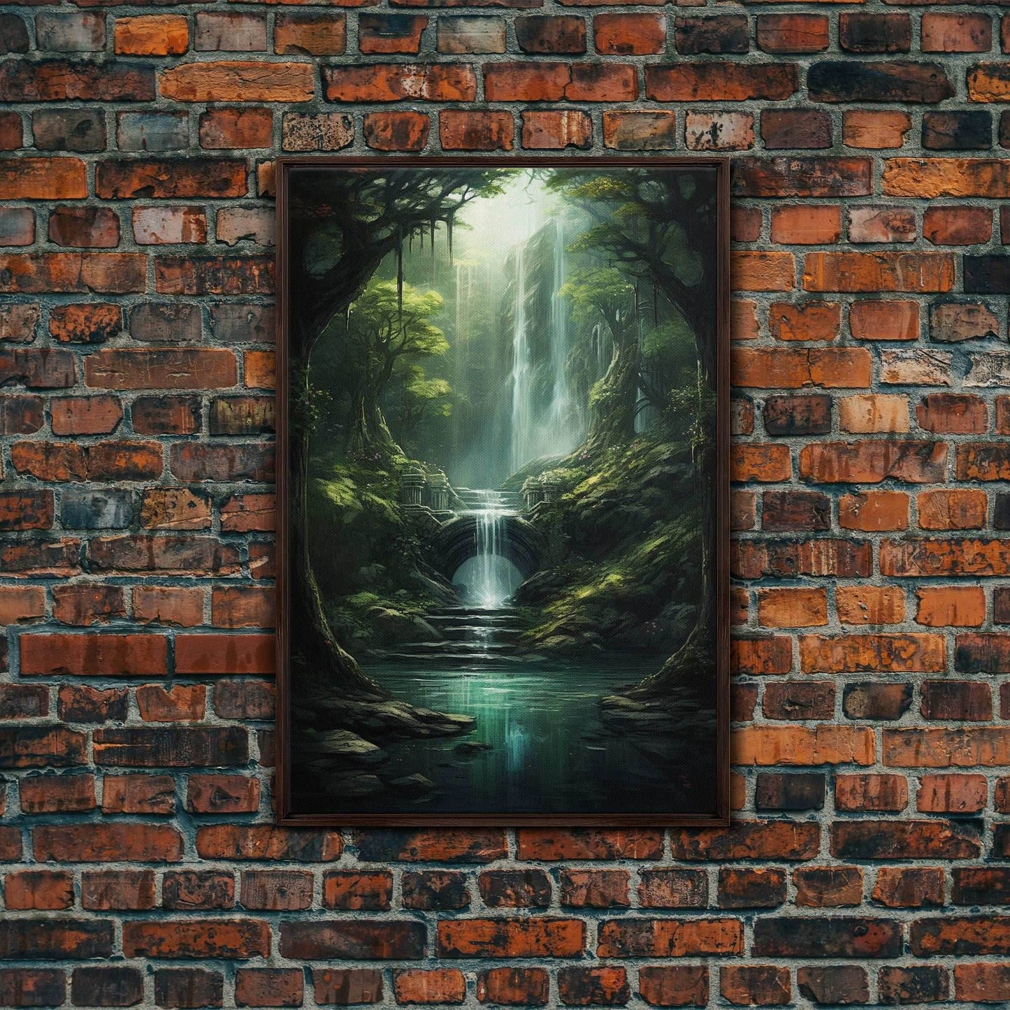 Enchanter Forest, Waterfalls Wall Art, Fantasy Artwork, Canvas Print, Wall Art, Vertical Print, Video Game Art, College Dorm Decor - 8x12 Inches / Walnut Frame