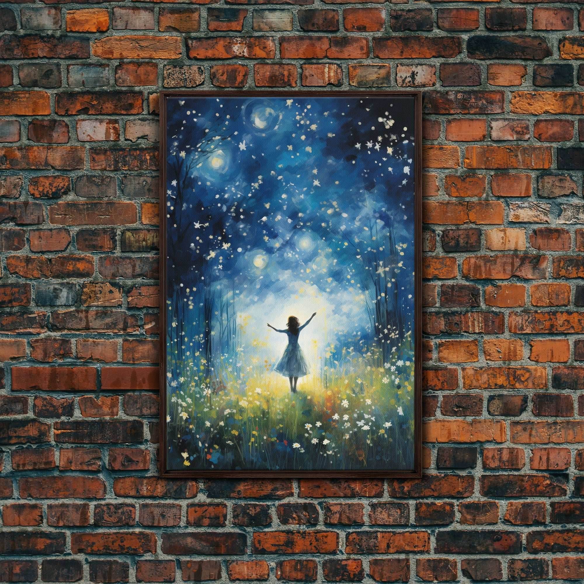Firefly Art, Fantasy Art, Girl In Forest, Teen Girl Room Decor, Canvas Print, Wall Art, Vertical Print, Unique Wall Decor, Engagement Gift - 8x12 Inches / Walnut Frame