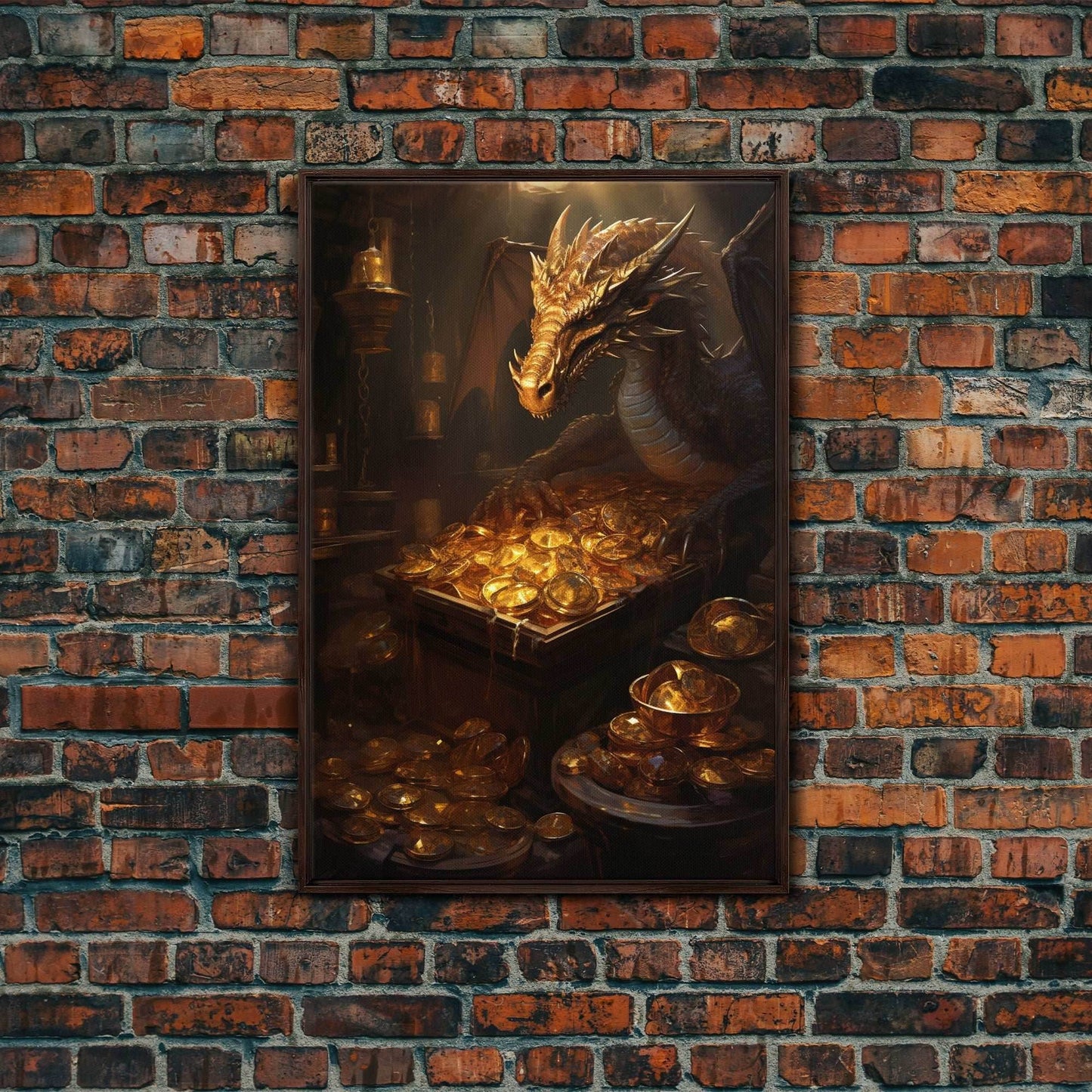 Dragon Art, Fantasy Art, Treasure Chest, Canvas Print, Wall Hanging, Portrait Art, Video Game Art, Nerdy Home Decor, Gift For Friend - 8x12 Inches / Walnut Frame