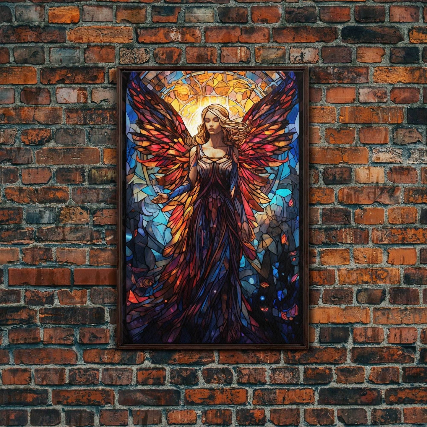 Angel, Fantasy Art, Angel Wings, Canvas Print, Wall Hanging, Portrait Art, Stained Glass Art, Housewarming Gift, Bedroom Teen Girl Art - 8x12 Inches / Walnut Frame