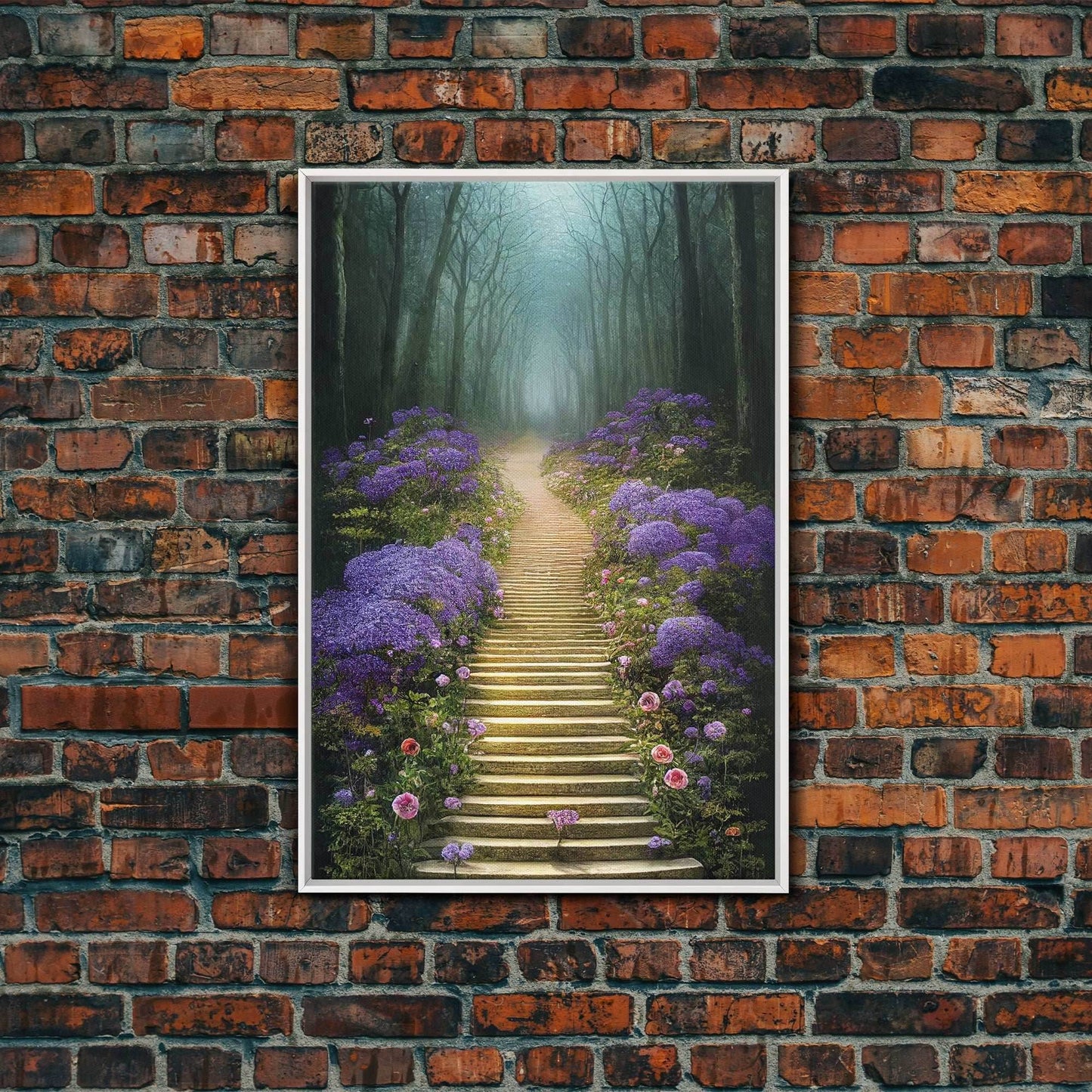 Lavender Lined Stairs Leading To The Haunted Forest, Fantasy Wall Art, framed canvas print, framed art - 8x12 Inches / White Frame