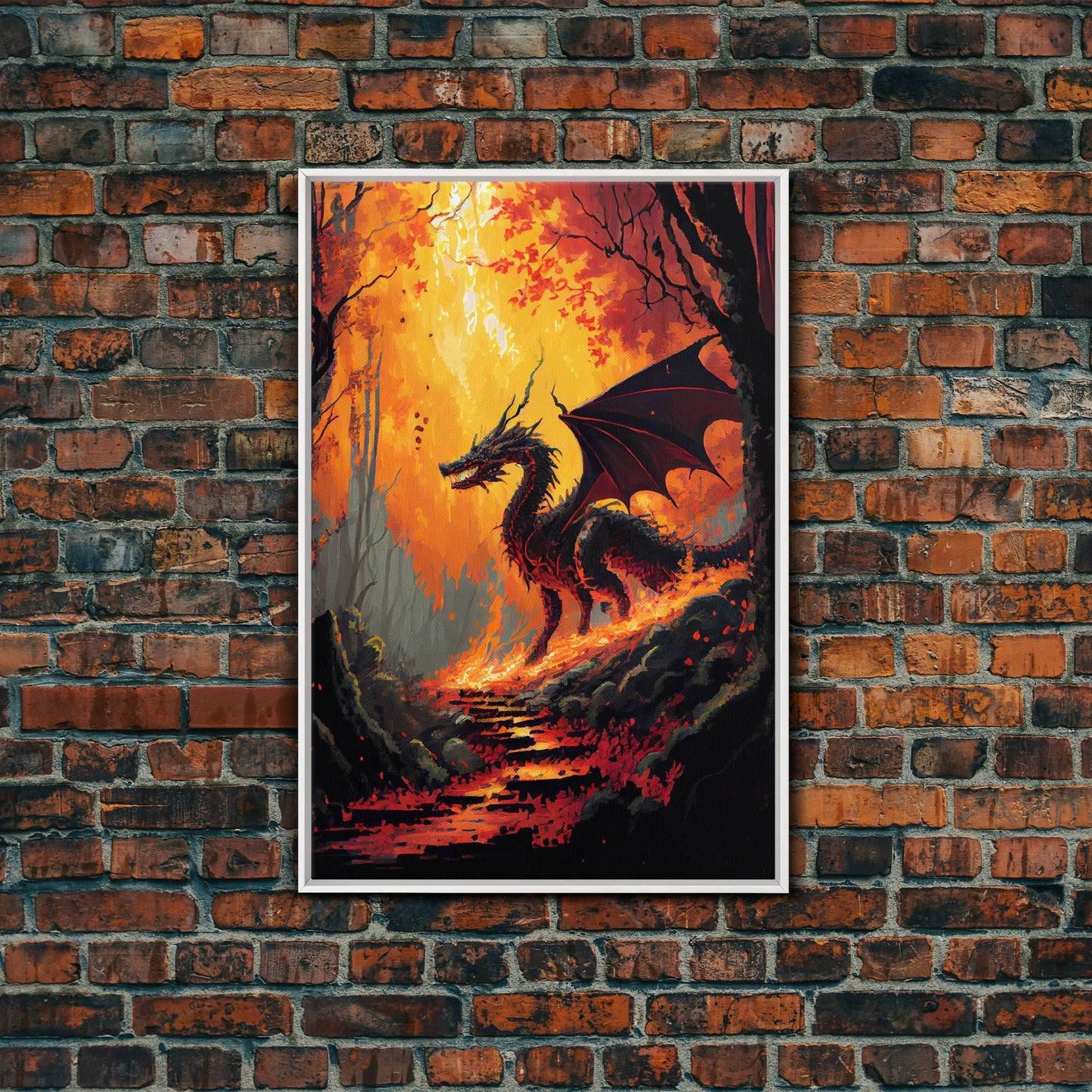 Dragon standing in a burned forest, fantasy art, fine art poster print - 8x12 Inches / White Frame