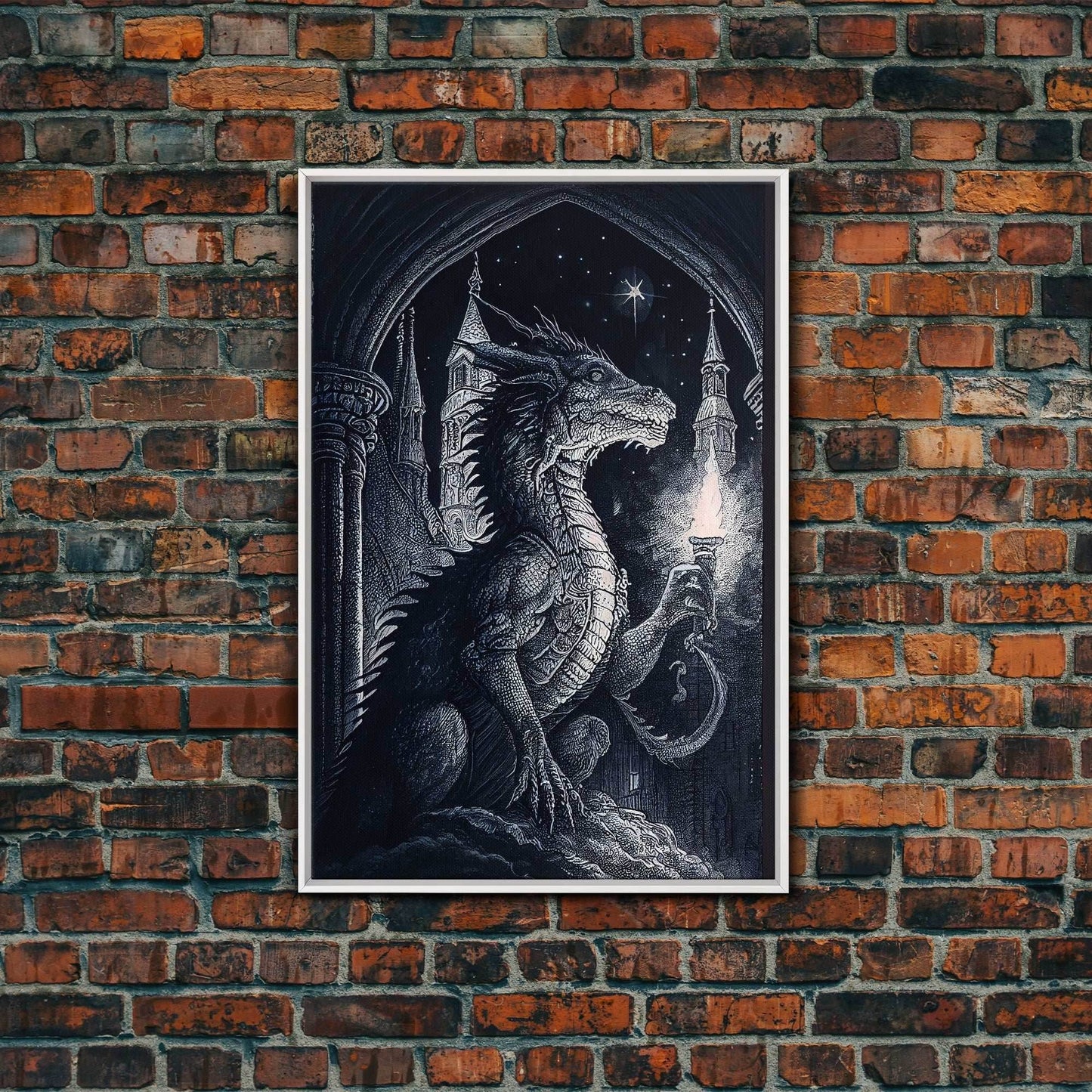 Black and white fantasy dragon, framed canvas print - 8x12 Inches / White Frame