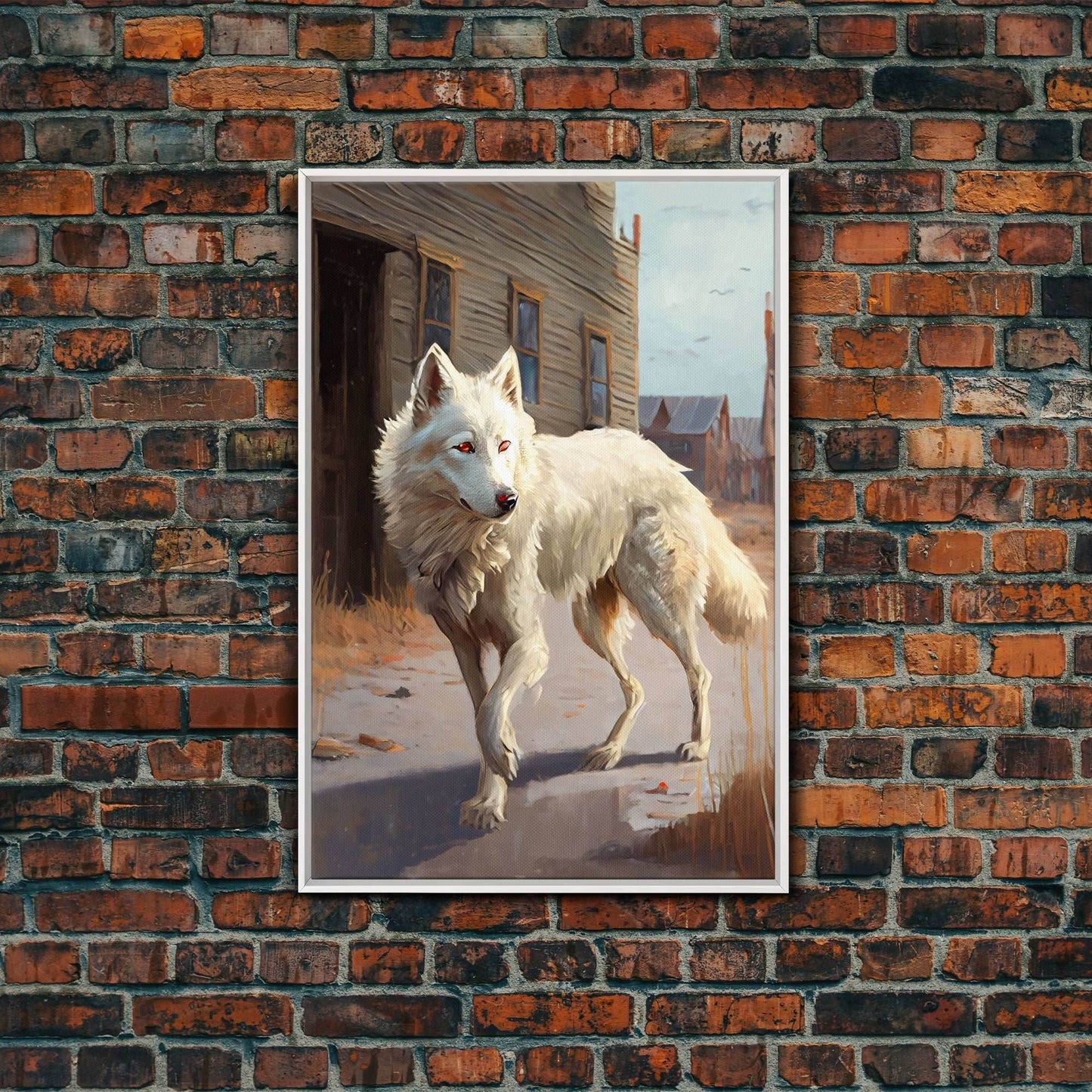 Wildwest Dire Wolf, fantasy art, framed canvas print - 8x12 Inches / White Frame