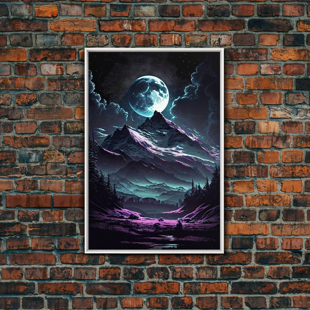 Mythical mountains fantasy art, framed canvas print, full moon over a mystical mountain landscape - 8x12 Inches / White Frame