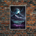 Mythical mountains fantasy art, framed canvas print, full moon over a mystical mountain landscape - 8x12 Inches / White Frame