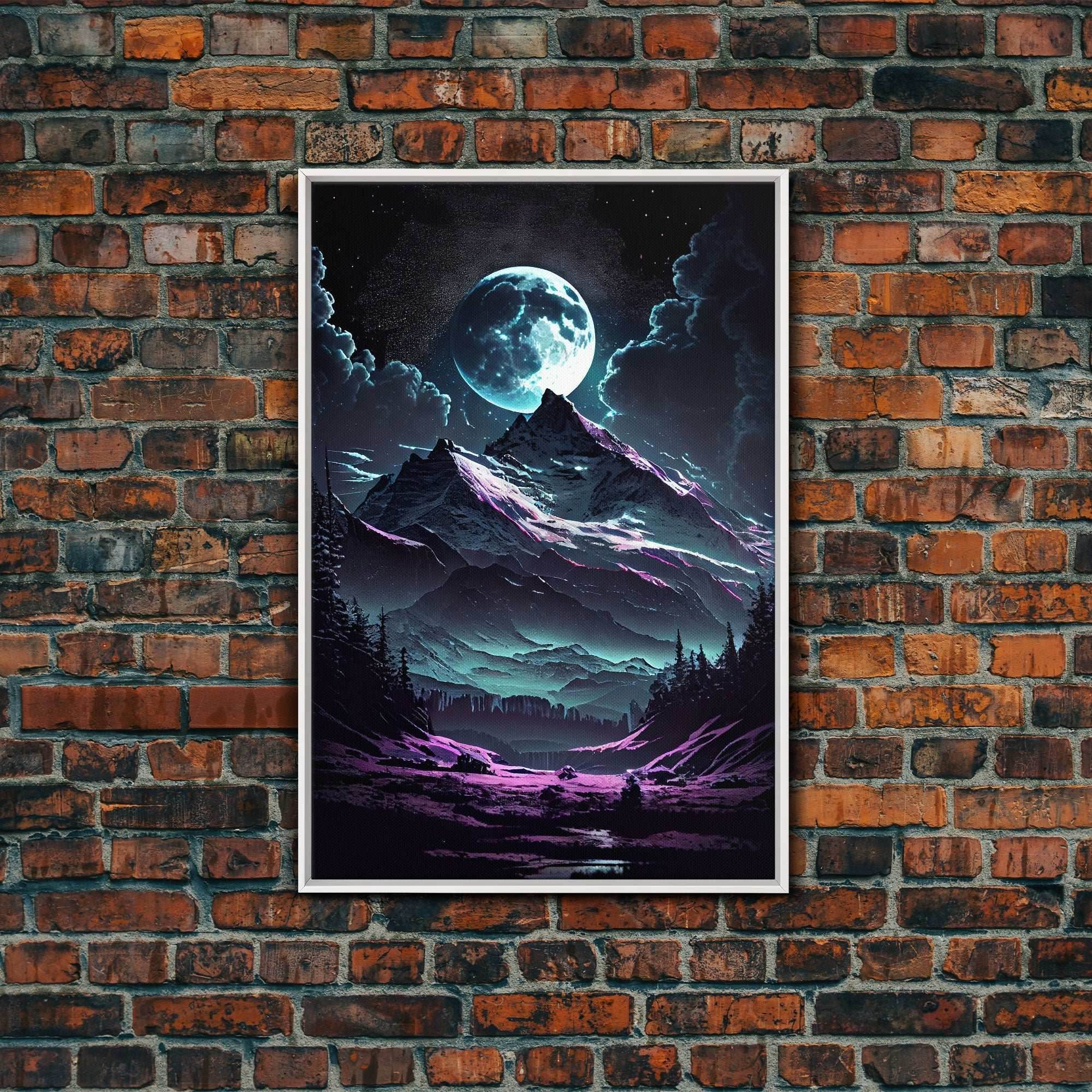 Mythical mountains fantasy art, framed canvas print, full moon over a mystical mountain landscape - 8x12 Inches / White Frame