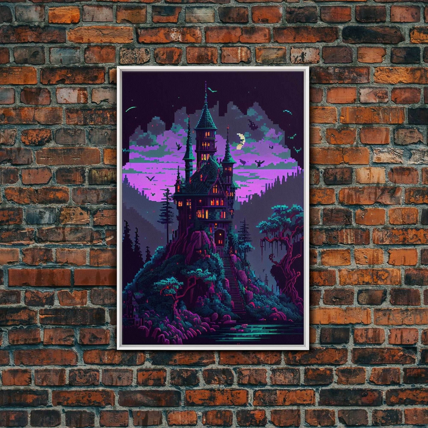 Transylvania Art, Cool Medieval castle 8 bit pixel art, fantasy art, framed canvas print, Cool castle art - 8x12 Inches / White Frame