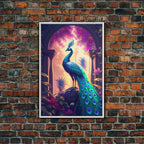 Turquoise peacock art, fantasy decor, framed canvas print - 8x12 Inches / White Frame
