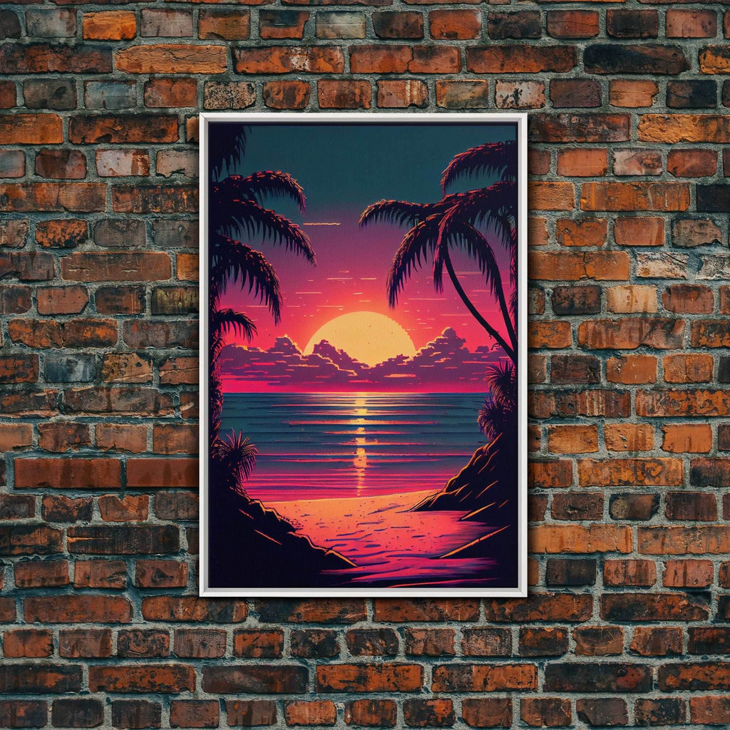 8 bit pixel art sunset, synthwave style palm tree beach, framed canvas print, framed wall art painting - 8x12 Inches / White Frame