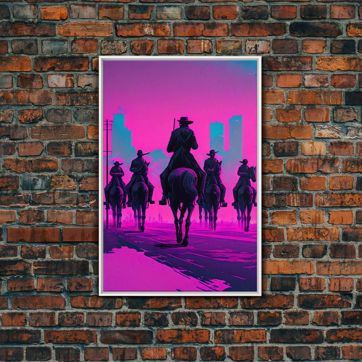Post-Apocalyptic Cowboys, Vaporwave Aesthetic fantasy art, framed canvas print - 8x12 Inches / White Frame
