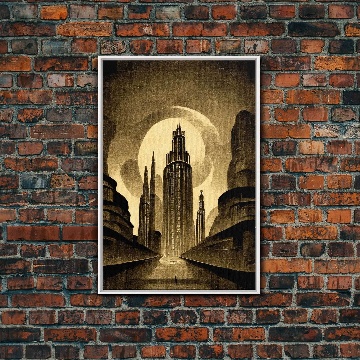 Dystopian Metropolis Art Deco Canvas Print, City Skyline, Fantasy Art, Art Deco Living Room Art, ready to hang wall art - 8x12 Inches / White Frame