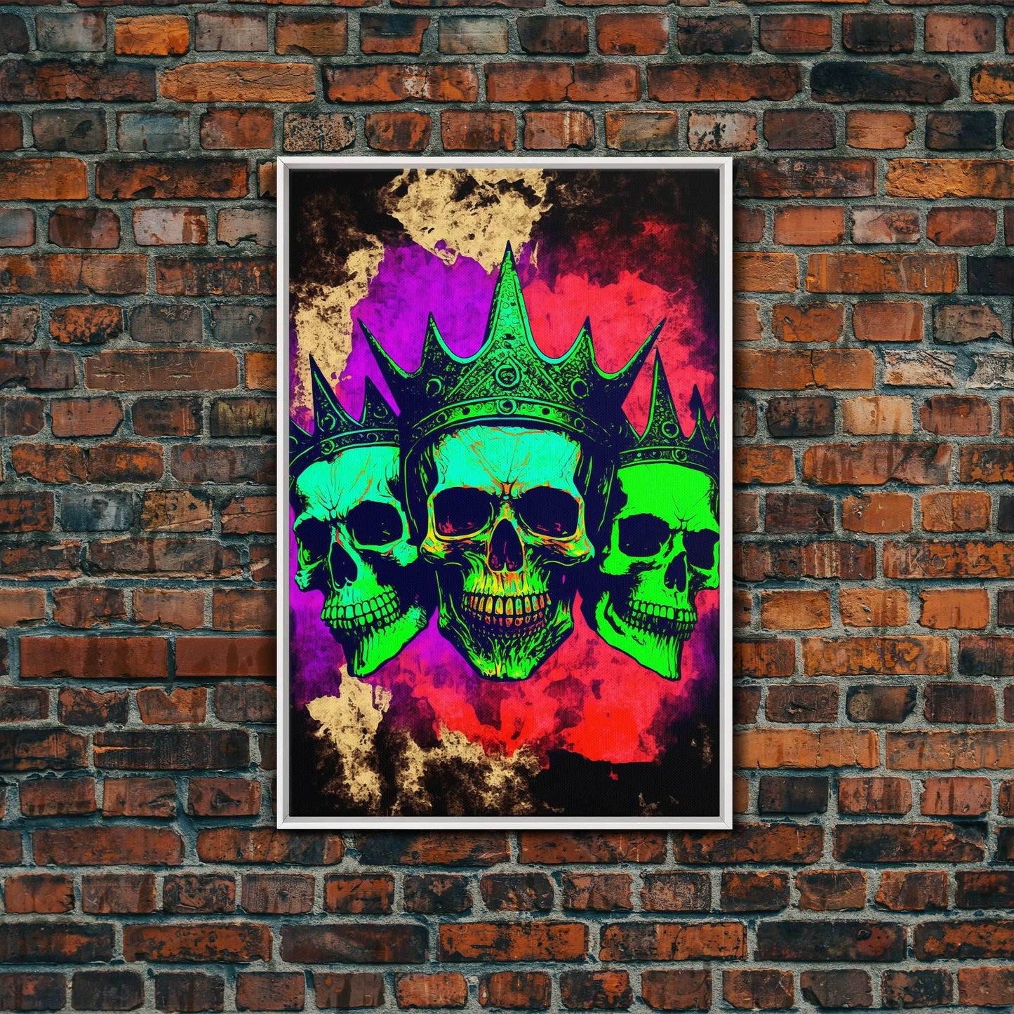Psychedelic Skull With The Gold Crown, Framed Canvas Print, Unique Fantasy Undead Wall Art, Trippy Art - 8x12 Inches / White Frame