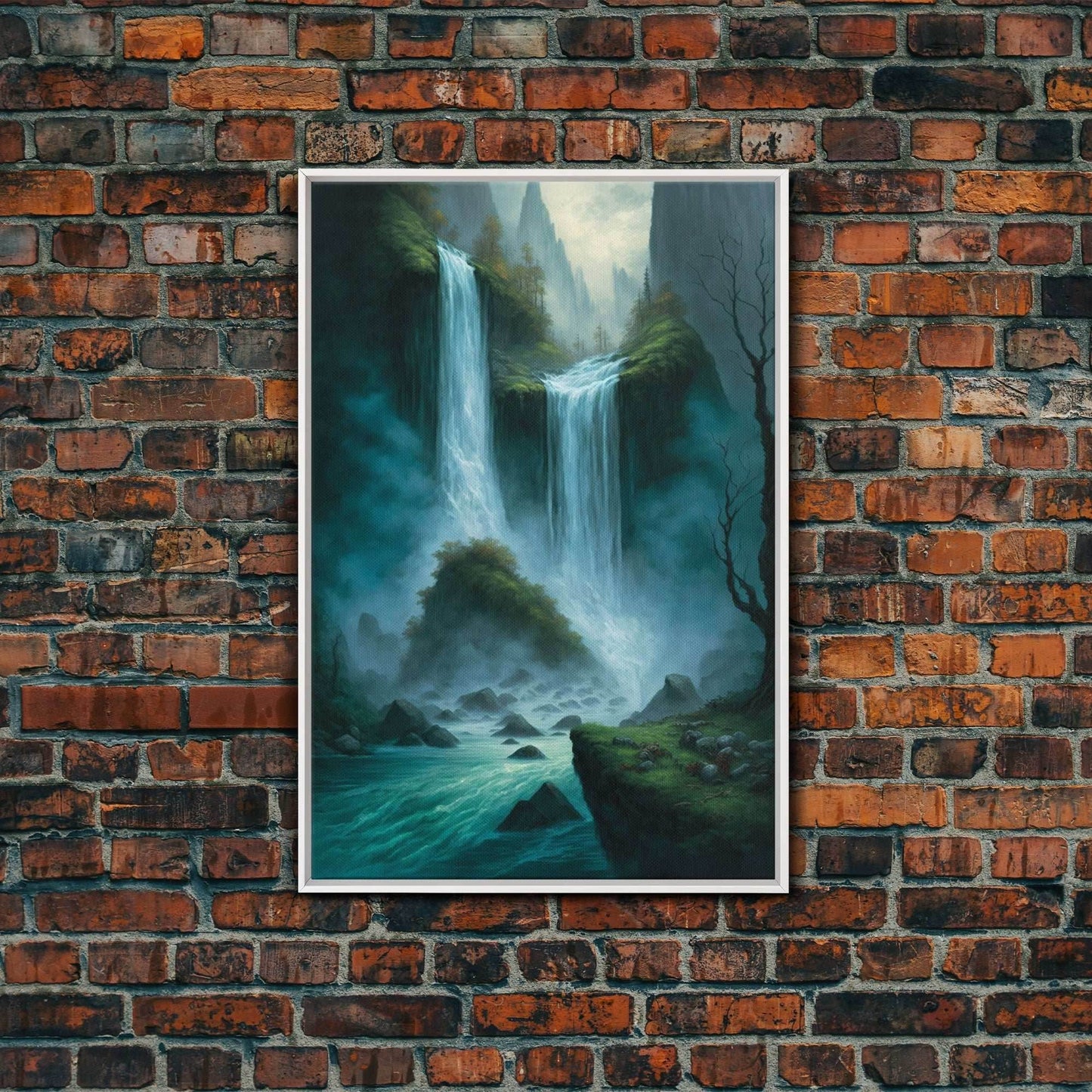 Fantasy Waterfall Oil Painting Canvas Print, Framed Canvas Art, Living Room Wall Decoration - 8x12 Inches / White Frame