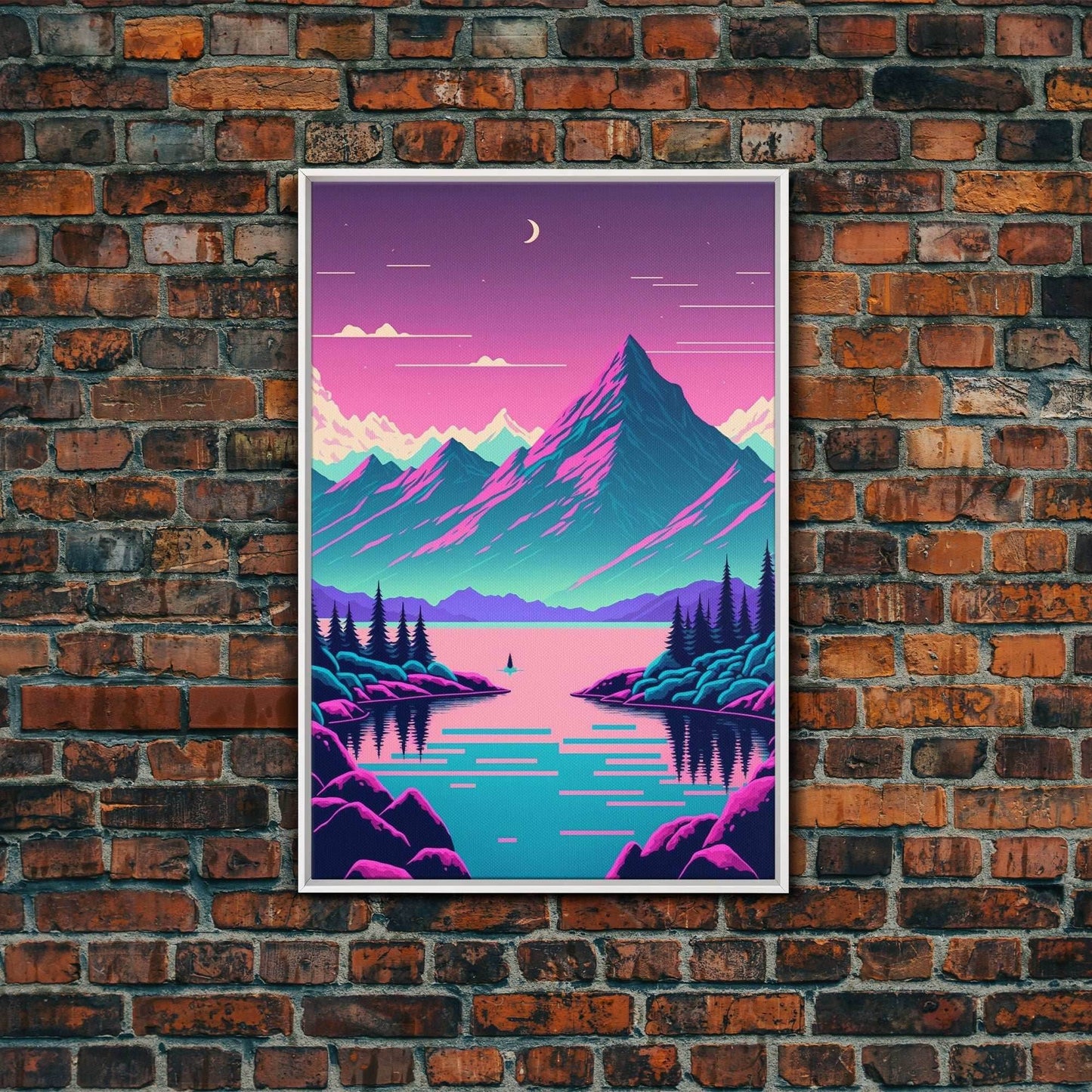 Pink and Purple Fantasy Mountain Art, Framed Canvas Print, Pacific Northwest Inspired Fantasy Art, Pop Art - 8x12 Inches / White Frame