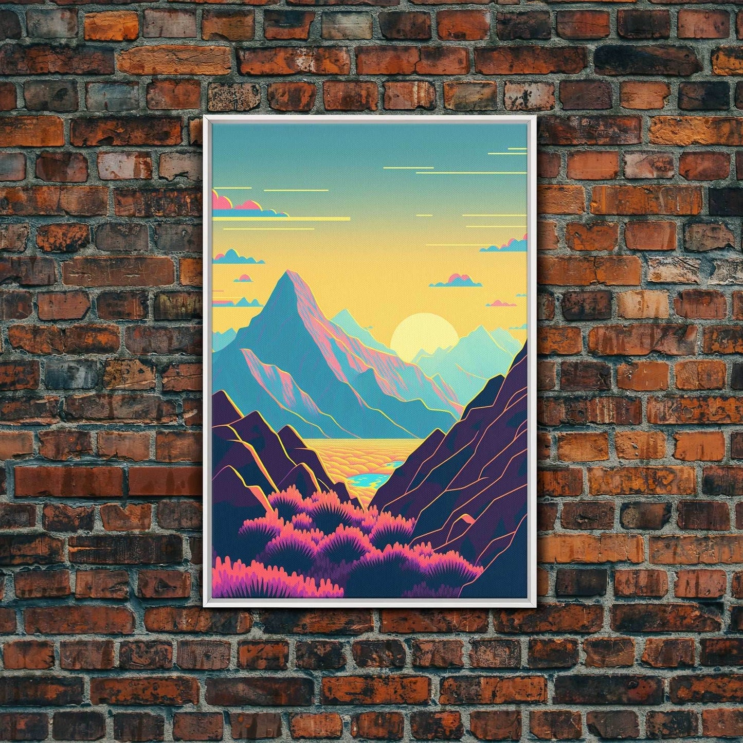 Peach Sunset, Fantasy Mountain Landscape Art, Framed Canvas Print, Minimalist Art Deco Inspired Wall Art - 8x12 Inches / White Frame