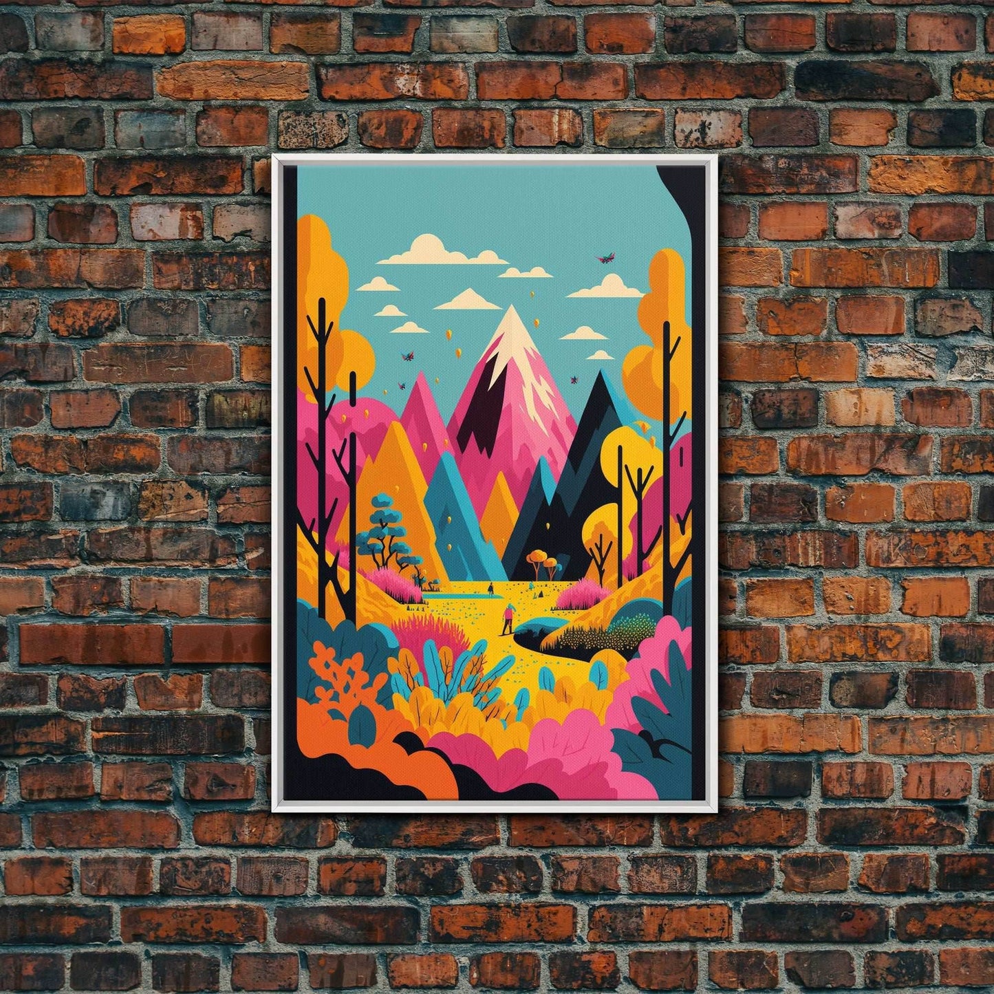 Trendy Pop Art, Surreal / Abstract Mountain Landscape, Fantasy Decor, Framed Canvas Print - 8x12 Inches / White Frame