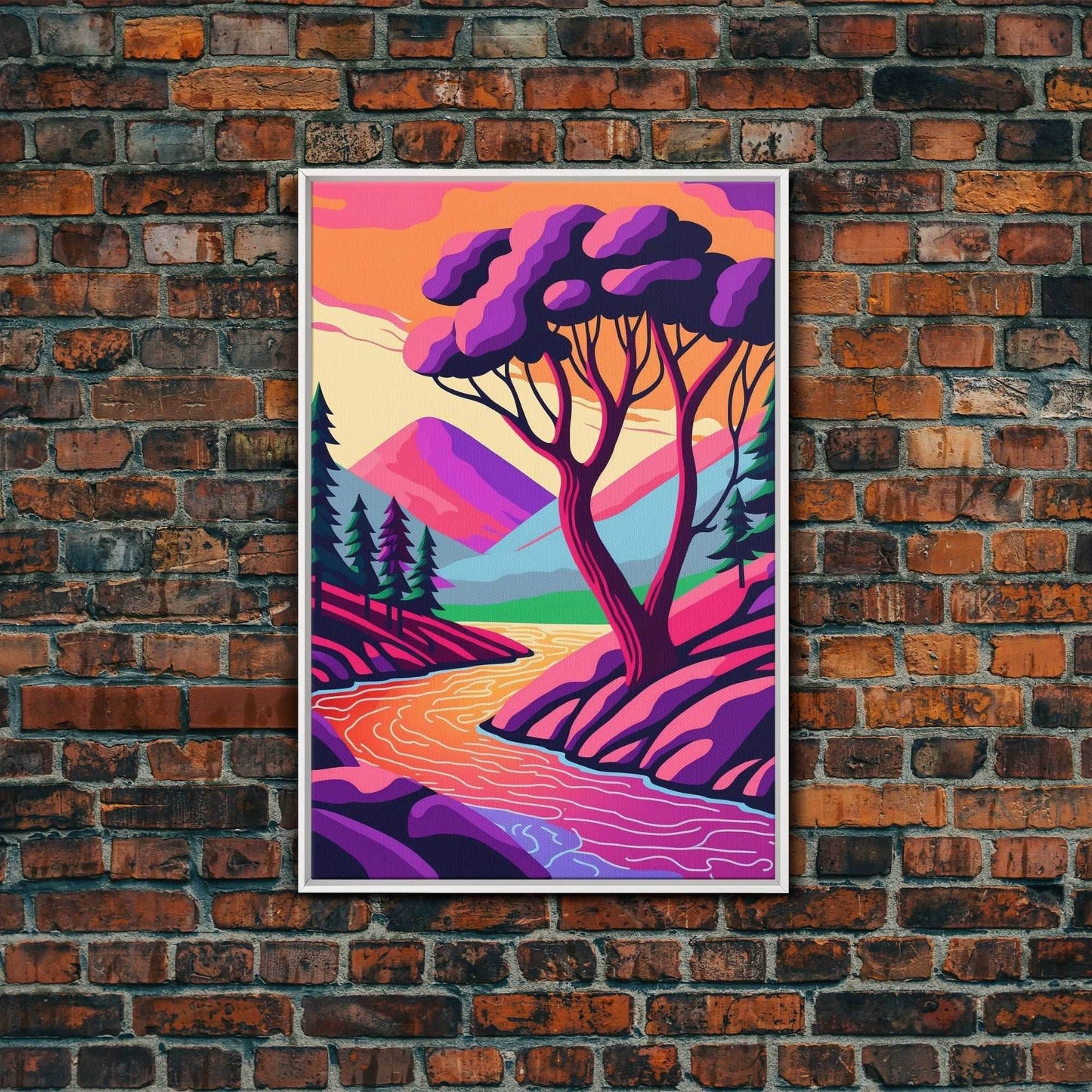 Surrealist Pop Art, Pink Fantasy Landscape Art, Framed Canvas Print - 8x12 Inches / White Frame