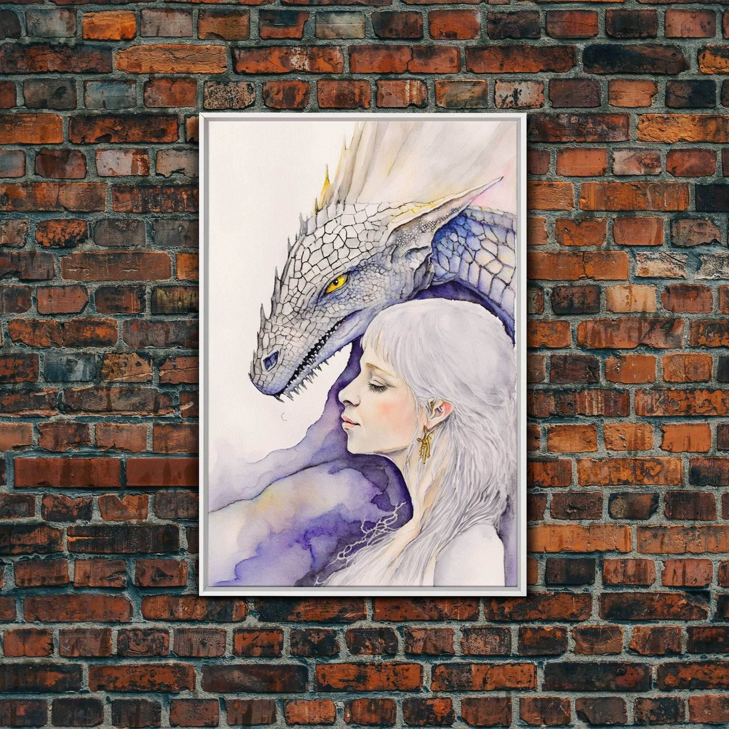 Dragon Painting Canvas Print, Dragon Art, Fantasy Art, Fantasy Painting Wall Art, Girl and Her Dragon, Dragon Girl - 8x12 Inches / White Frame