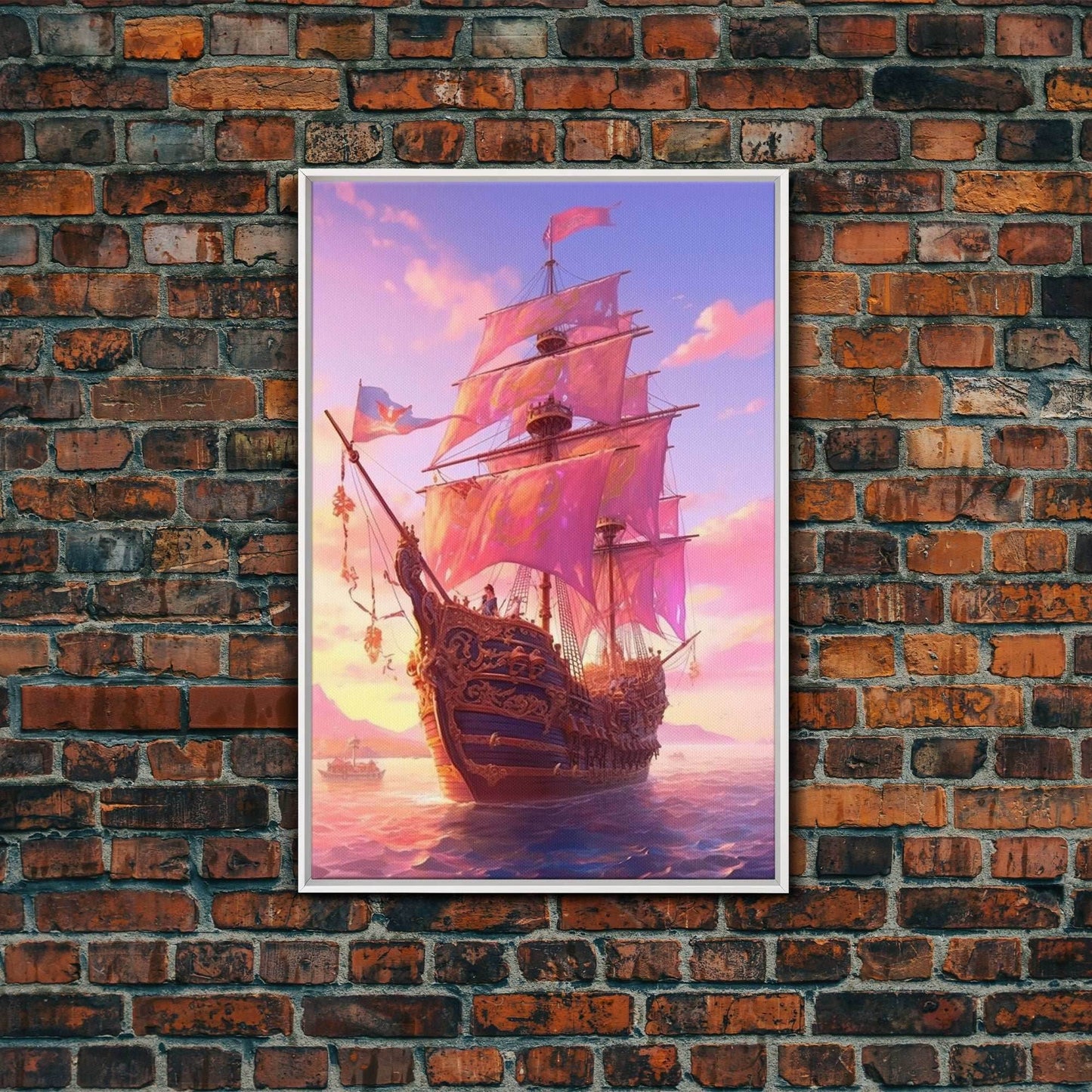 Gothic Pirate Ship at Sunset, Framed Canvas Print, Fantasy Wall Art, Wall Decor, Pirate Wal Art, Gift For Him, Kid's Room Art - 8x12 Inches / White Frame
