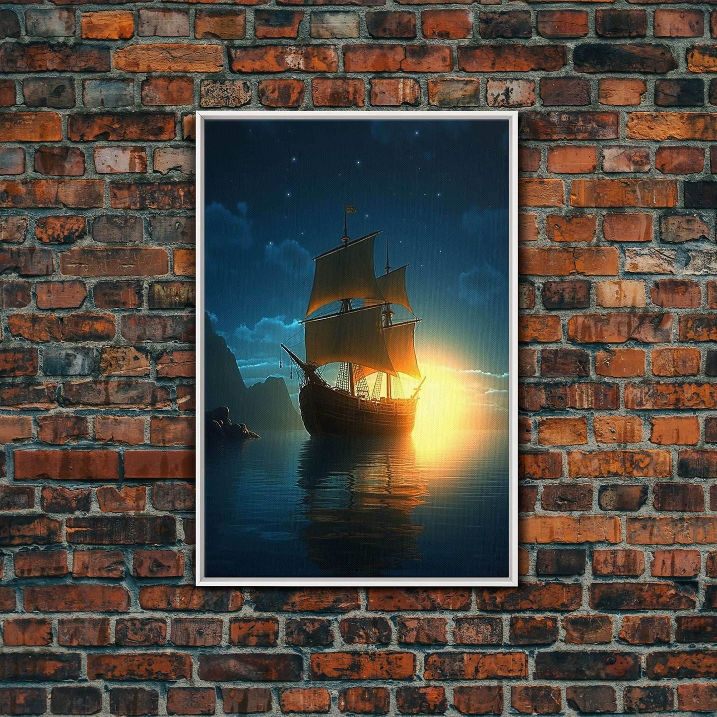 Gothic Pirate Ghost Ship, Framed Canvas Print, Fantasy Wall Art, Wall Decor, Pirate Wal Art, Gift For Him, Kid's Room Art - 8x12 Inches / White Frame