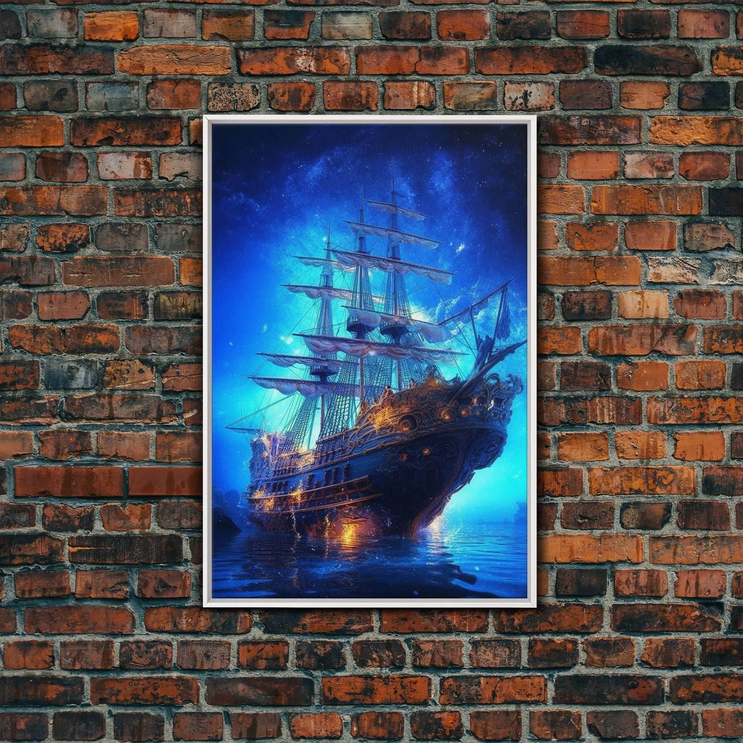 Haunted Pirate Ghost Ship Under The Night Sky, Framed Canvas Print, Fantasy Wall Art, Wall Decor, Pirate Wal Art, Gift For Him, Kid's Room - 8x12 Inches / White Frame