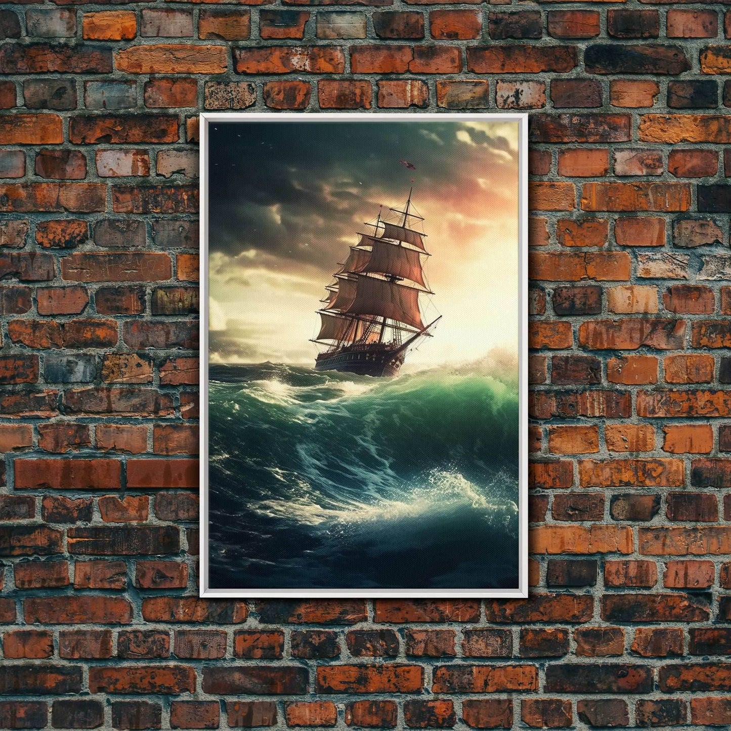 Haunted Pirate Ghost Ship On Rough Seas, Framed Canvas Print, Fantasy Wall Art, Wall Decor, Pirate Wal Art, Gift For Him, Kid's Room - 8x12 Inches / White Frame