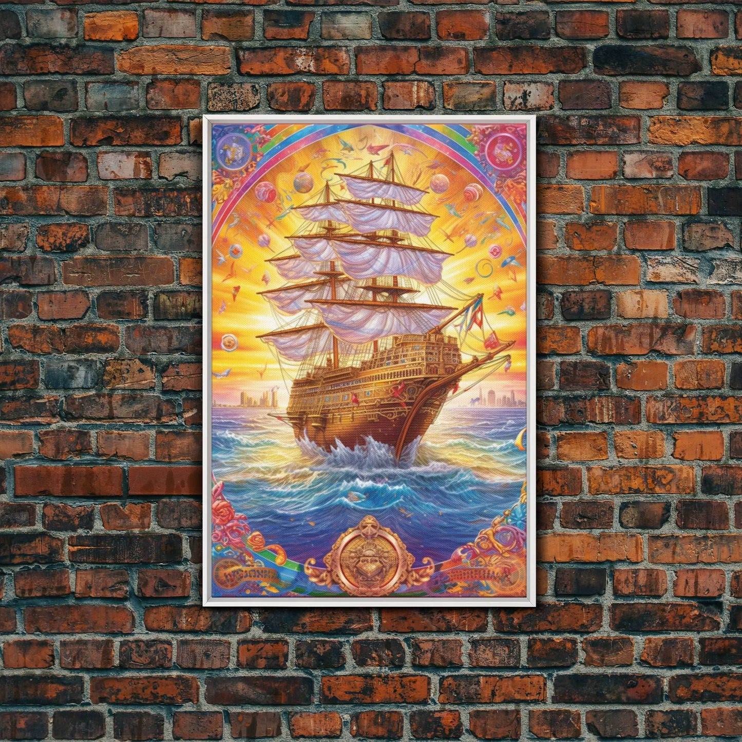 Filigree Pirate Ship Plaque Art, Framed Canvas Print, Fantasy Wall Art, Wall Decor, Pirate Wal Art, Gift For Him, Kid's Room - 8x12 Inches / White Frame