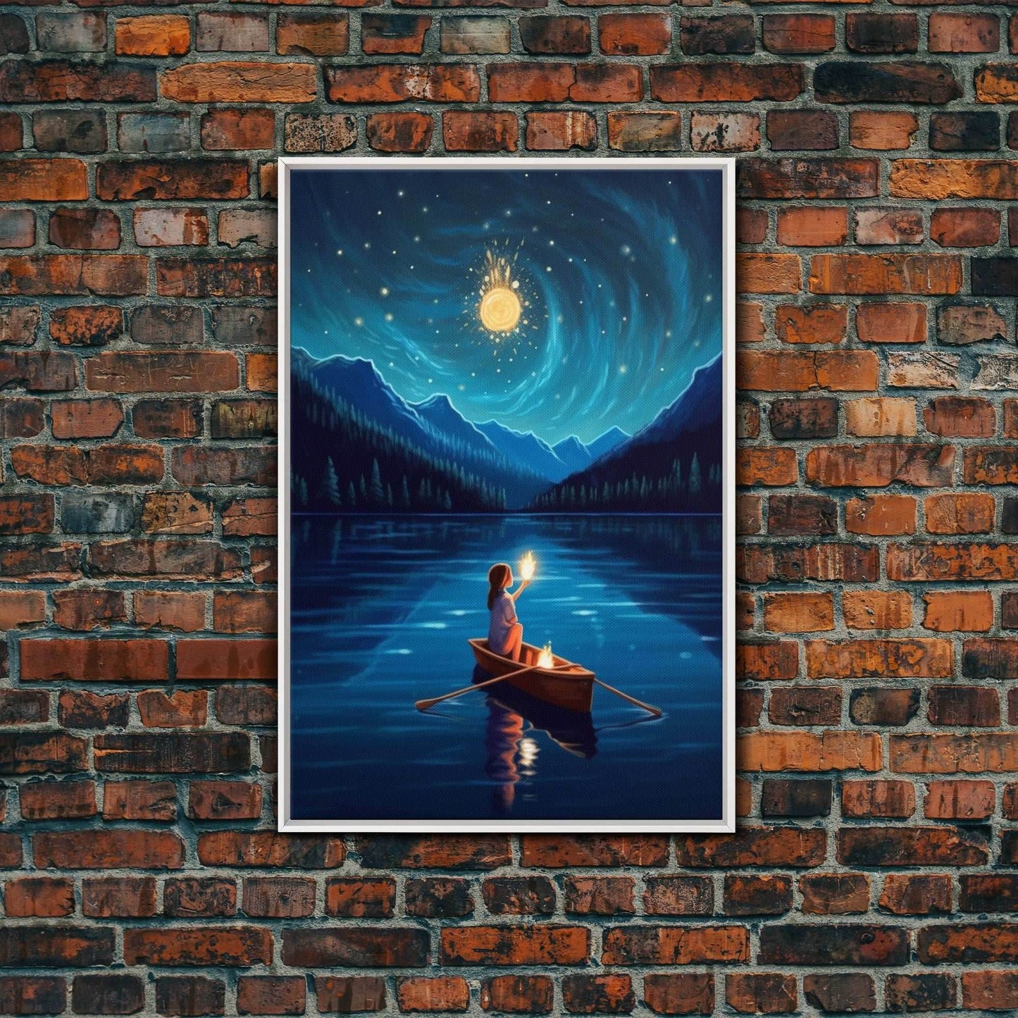 Starry Night, Girl Wizard Lights Up The Night Sky, Fantasy Art, Framed Canvas Print, Fantasy Painting Print, Original Art - 8x12 Inches / White Frame
