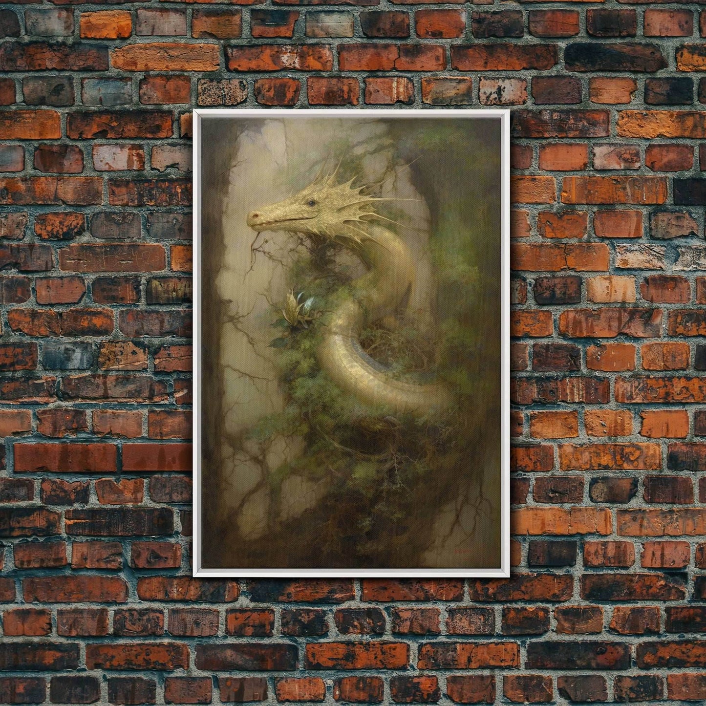 Majestic Green Dragon Wall Art, Framed Canvas Print, Dragon Fantasy Painting, Garden Dragon Abstract Fantasy Art - 8x12 Inches / White Frame