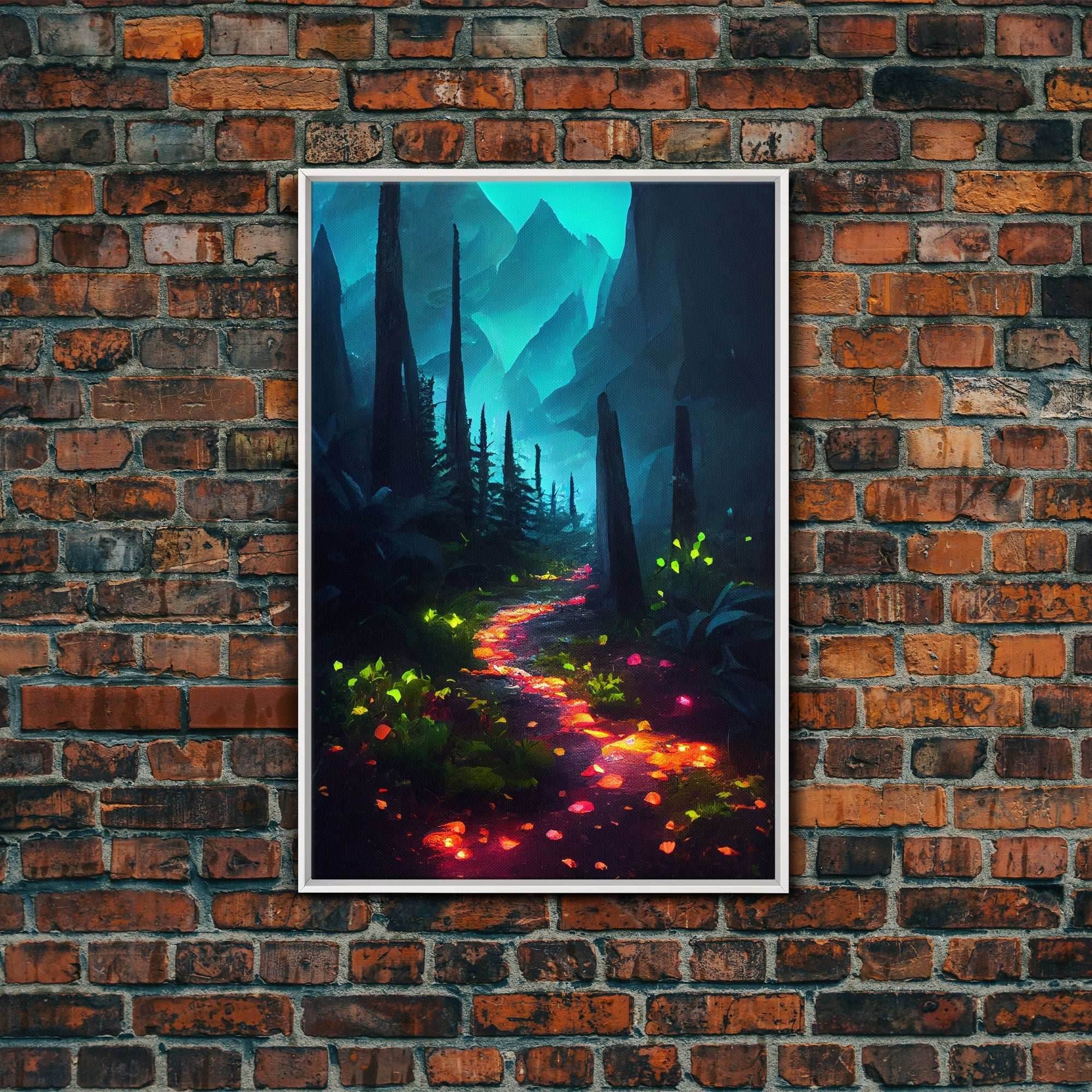 Luminescent magical forest poster art, fine art print, glowing trail though the trees, fantasy art, gloomy wall art, dark decor - 8x12 Inches / White Frame