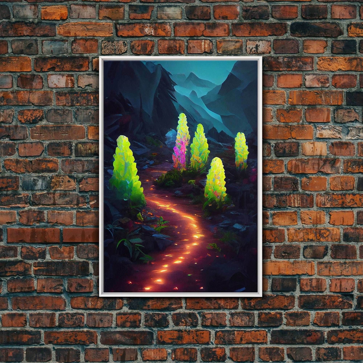 Magical forest canvas print, glowing mushroom art, fantasy forest wall art, gloomy dark home decor, luminescent forest trail wall art - 8x12 Inches / White Frame