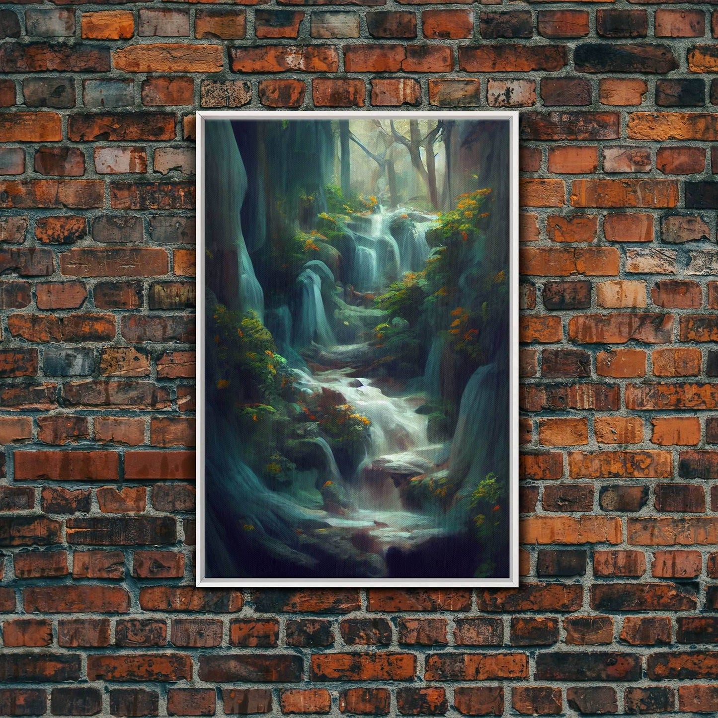 Waterfall painting canvas print, fantasy wall art, watercolor print, high fantasy, nature landscape wall art for living room - 8x12 Inches / White Frame