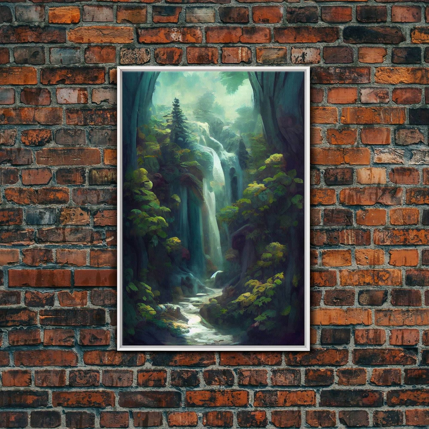 Waterfall canvas print, fantasy wall art, watercolor print, high fantasy, nature landscape living room wall art - 8x12 Inches / White Frame