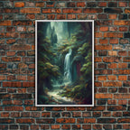Waterfall in the forest canvas print, fantasy wall art, watercolor print, high fantasy, nature landscape living room wall art - 8x12 Inches / White Frame