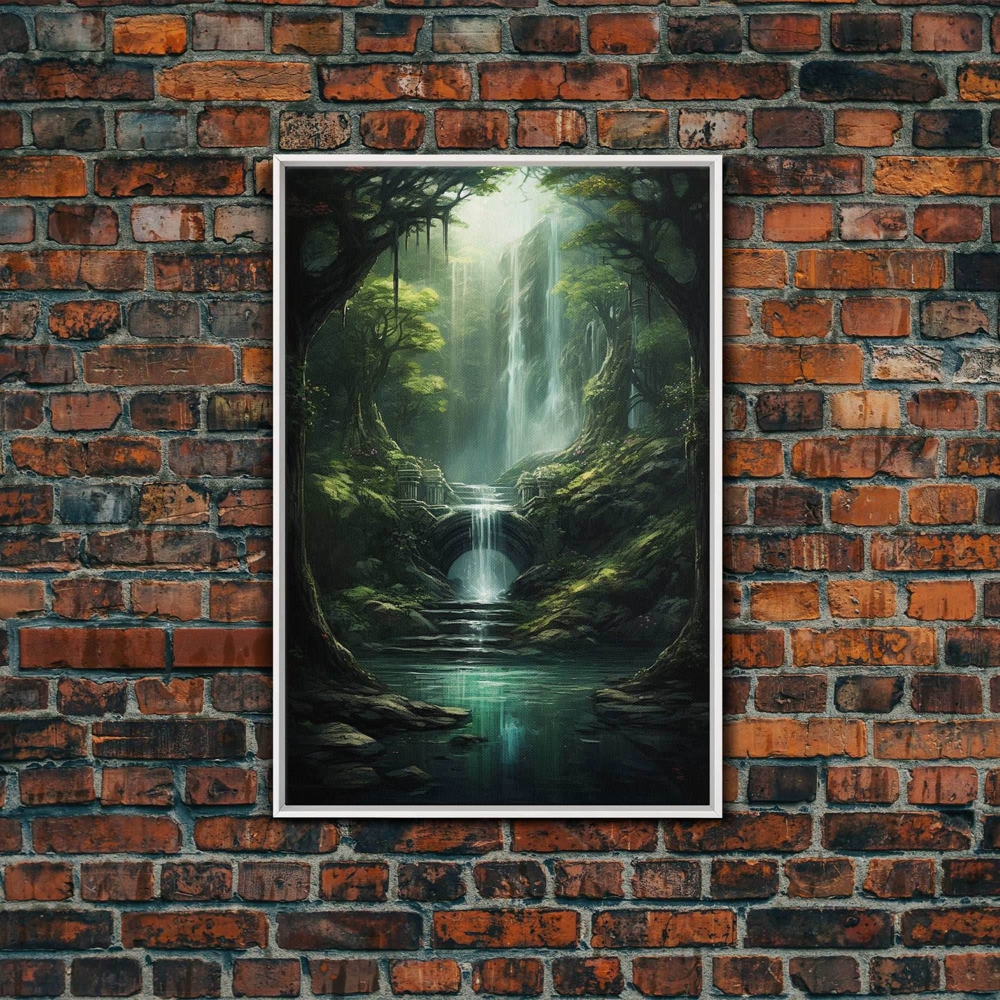 Enchanter Forest, Waterfalls Wall Art, Fantasy Artwork, Canvas Print, Wall Art, Vertical Print, Video Game Art, College Dorm Decor - 8x12 Inches / White Frame