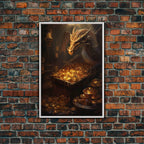 Dragon Art, Fantasy Art, Treasure Chest, Canvas Print, Wall Hanging, Portrait Art, Video Game Art, Nerdy Home Decor, Gift For Friend - 8x12 Inches / White Frame