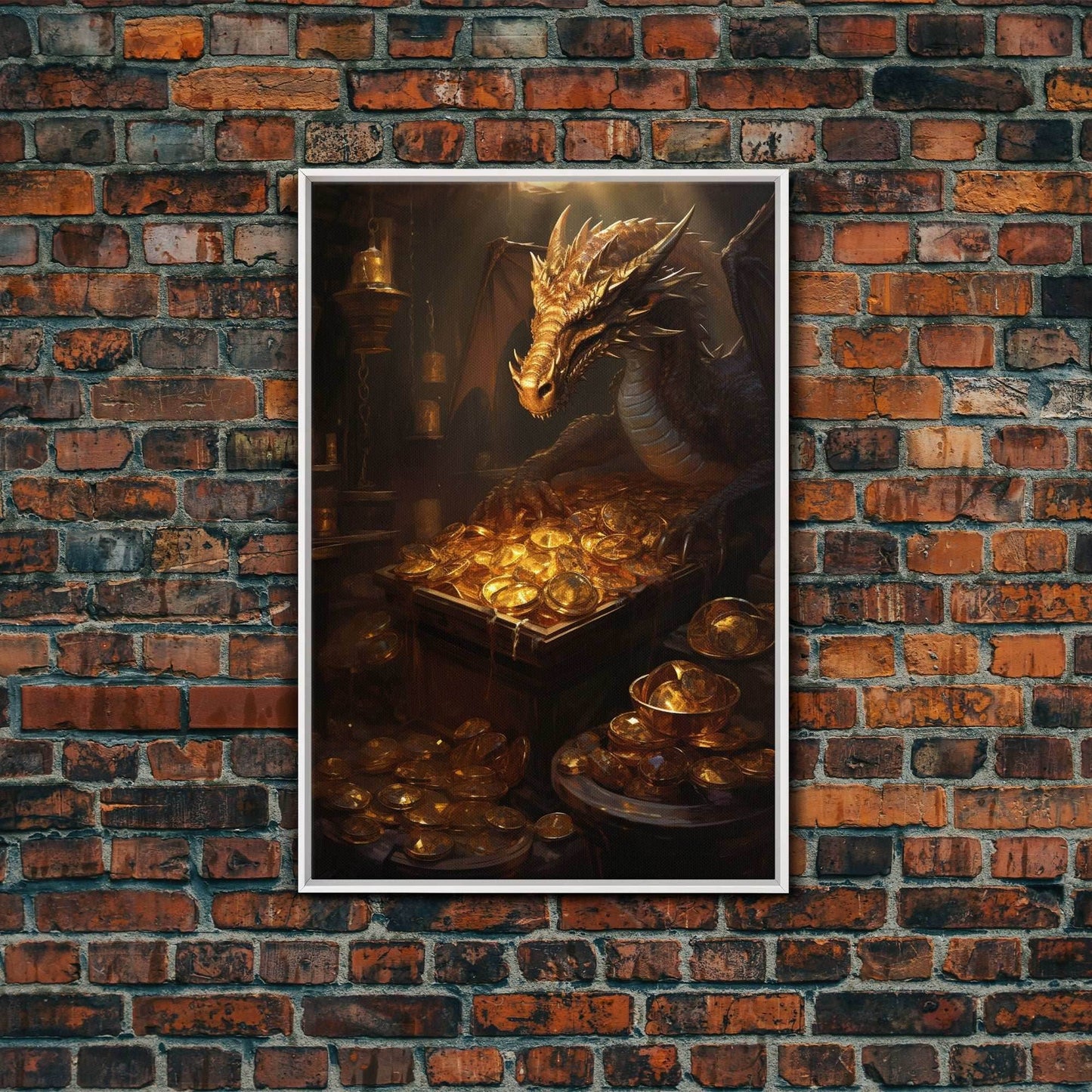 Dragon Art, Fantasy Art, Treasure Chest, Canvas Print, Wall Hanging, Portrait Art, Video Game Art, Nerdy Home Decor, Gift For Friend - 8x12 Inches / White Frame