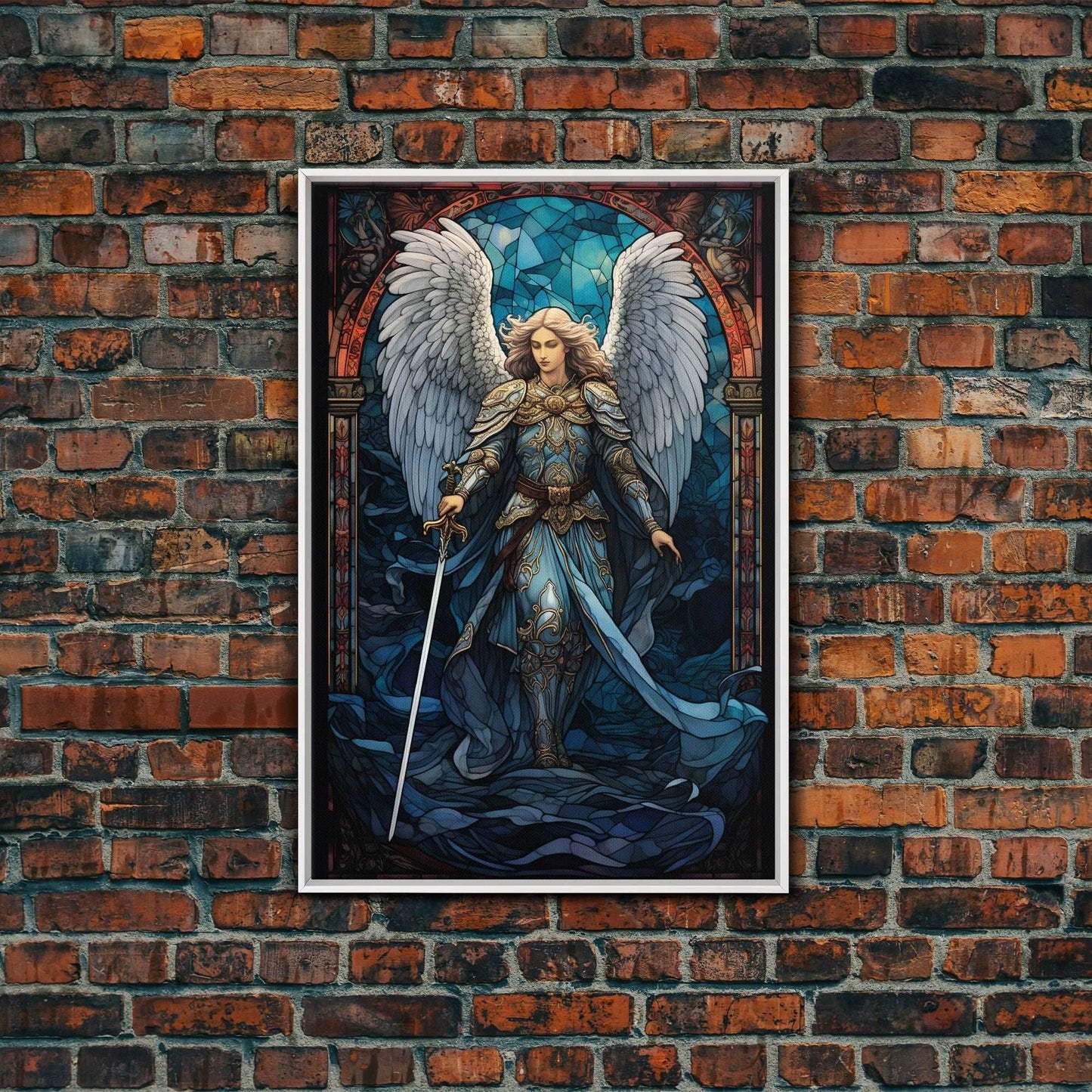 Angel, Angel Warrior, Fantasy Art, Canvas Print, Wall Hanging, Portrait Art, Stained Glass Art, Christian Wall Decor, Country Wall Art - 8x12 Inches / White Frame